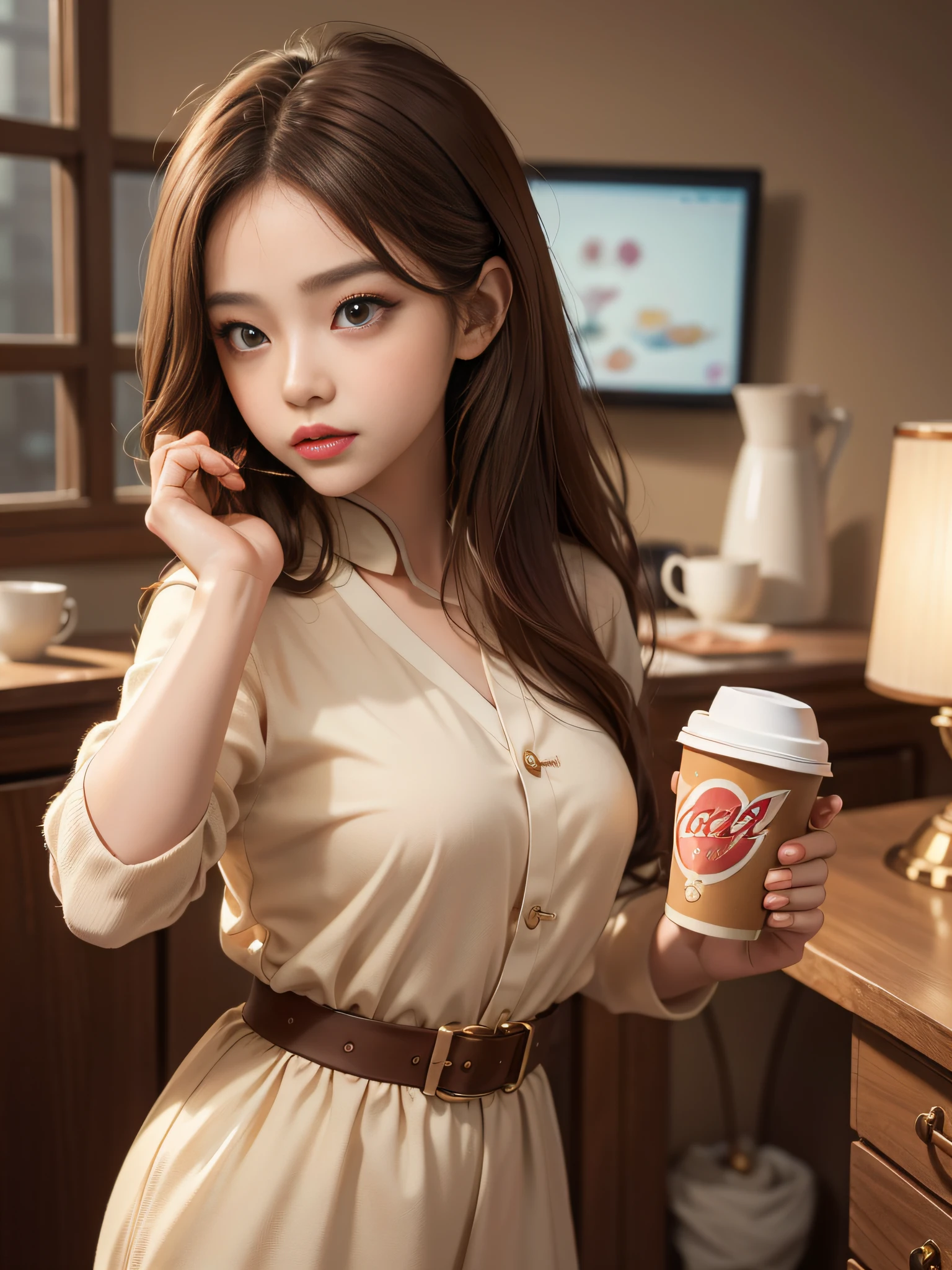 light-brown long hair，closeup of face，Chinese big eyes girl with lipstick on her lips, Realistic scene style, Light brown and light maroon, Coffee in hand，I can't believe how beautiful this is, pixar-style,  pixar-style, pixar-style, pixar-style,Light white and light maroon, cartoon character