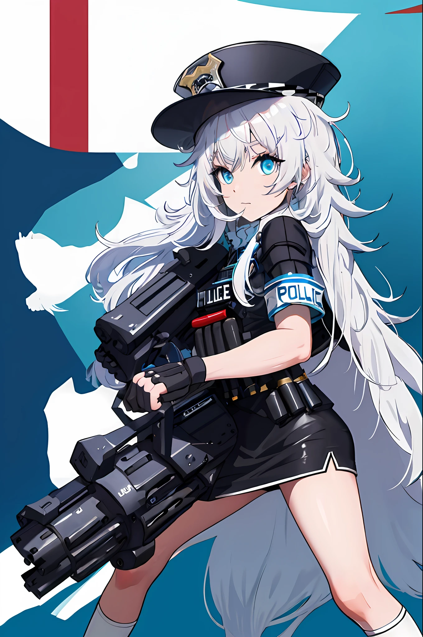 masutepiece, Best Quality, hight resolution, 1girl in, Solo, Long hair, hat, Blue eyes, White hair, hair messy, Black Gloves, White socks, Police Uniform, Black skirt, Short sleeves, Cowboy Shot, posed, Ruins, From Side,((Shoot the Mini Gatling Gun)),