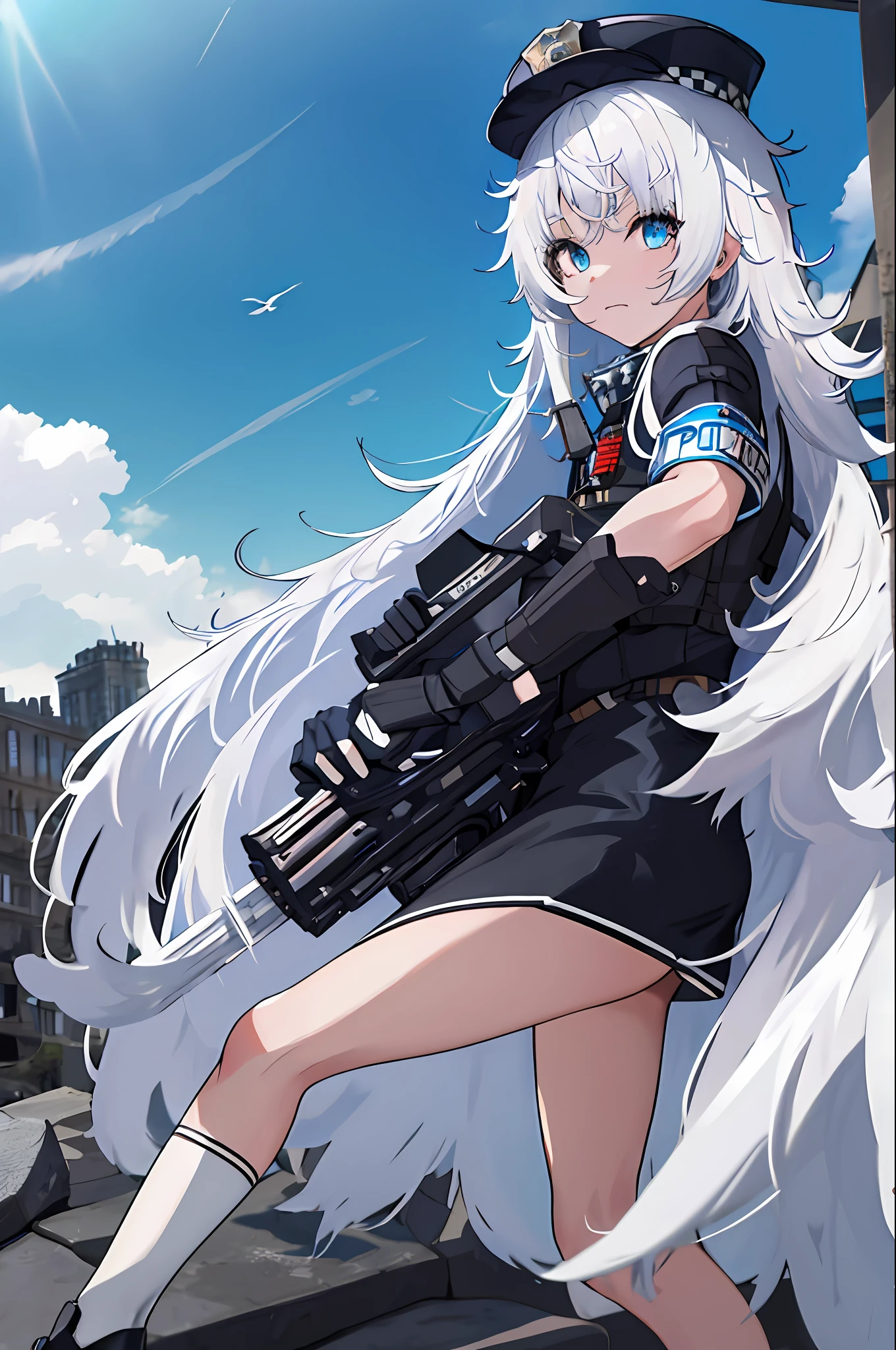 masutepiece, Best Quality, hight resolution, 1girl in, Solo, Long hair, hat, Blue eyes, White hair, hair messy, Black Gloves, White socks, Police Uniform, Black skirt, Short sleeves, Cowboy Shot, posed, Ruins, From Side,((Shoot the Mini Gatling Gun)),