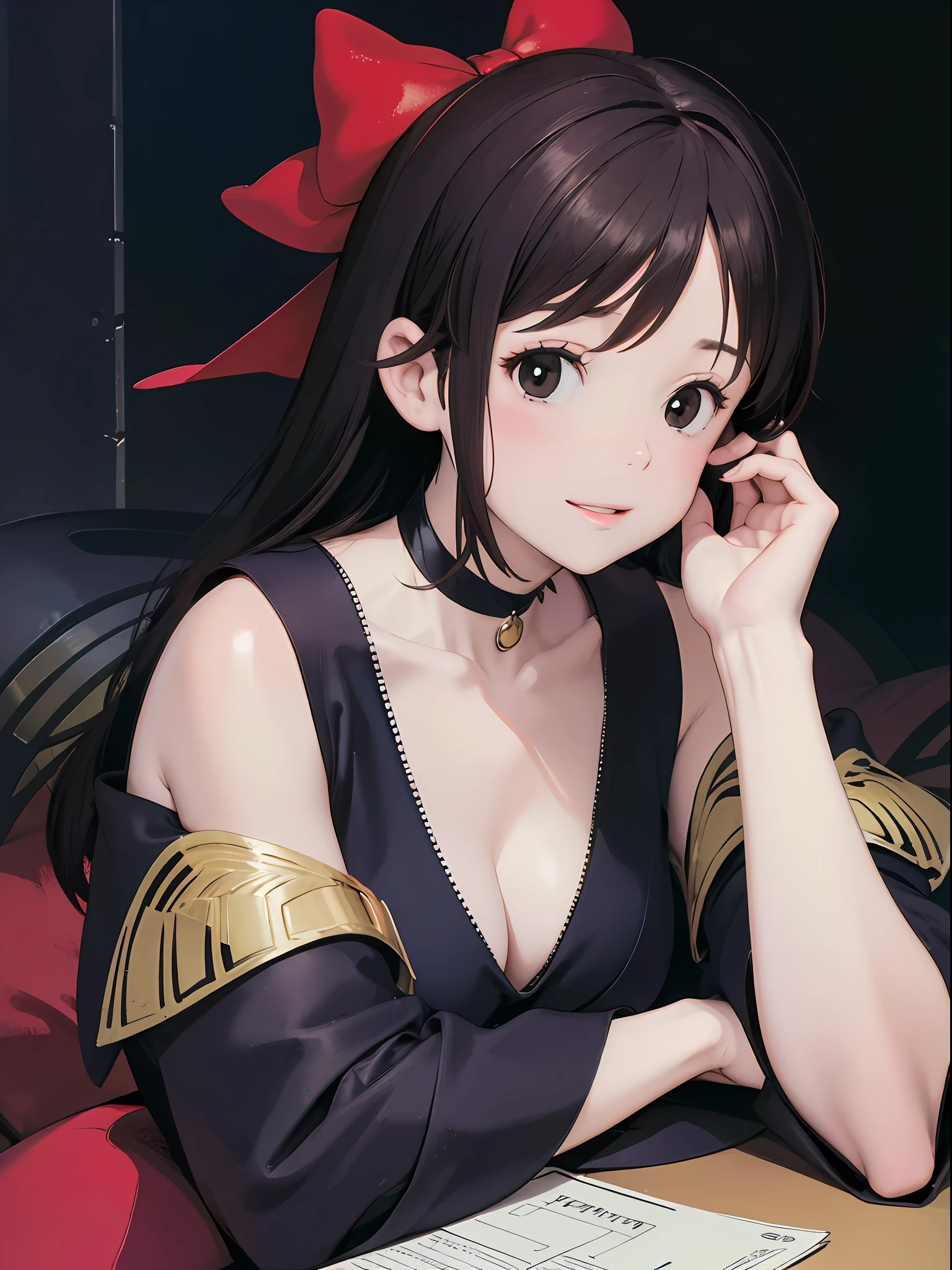 (masterpiece、top-quality;1.3、high-level image quality、absurderes)、Maximum Detail、ultra-detailliert、1girl in、独奏、Fine Grandia、looking at the viewers、A slight smil、Kiki、Red ribbons、black ee -through、nightclubs、makeup、pink lipsticks、lip、Aichik、Beautie、Futomo、A sexy、sctiv、sofa、guest、desk work、alcohol、with spreading legs、Drunk、drunkard、dark background、black background、