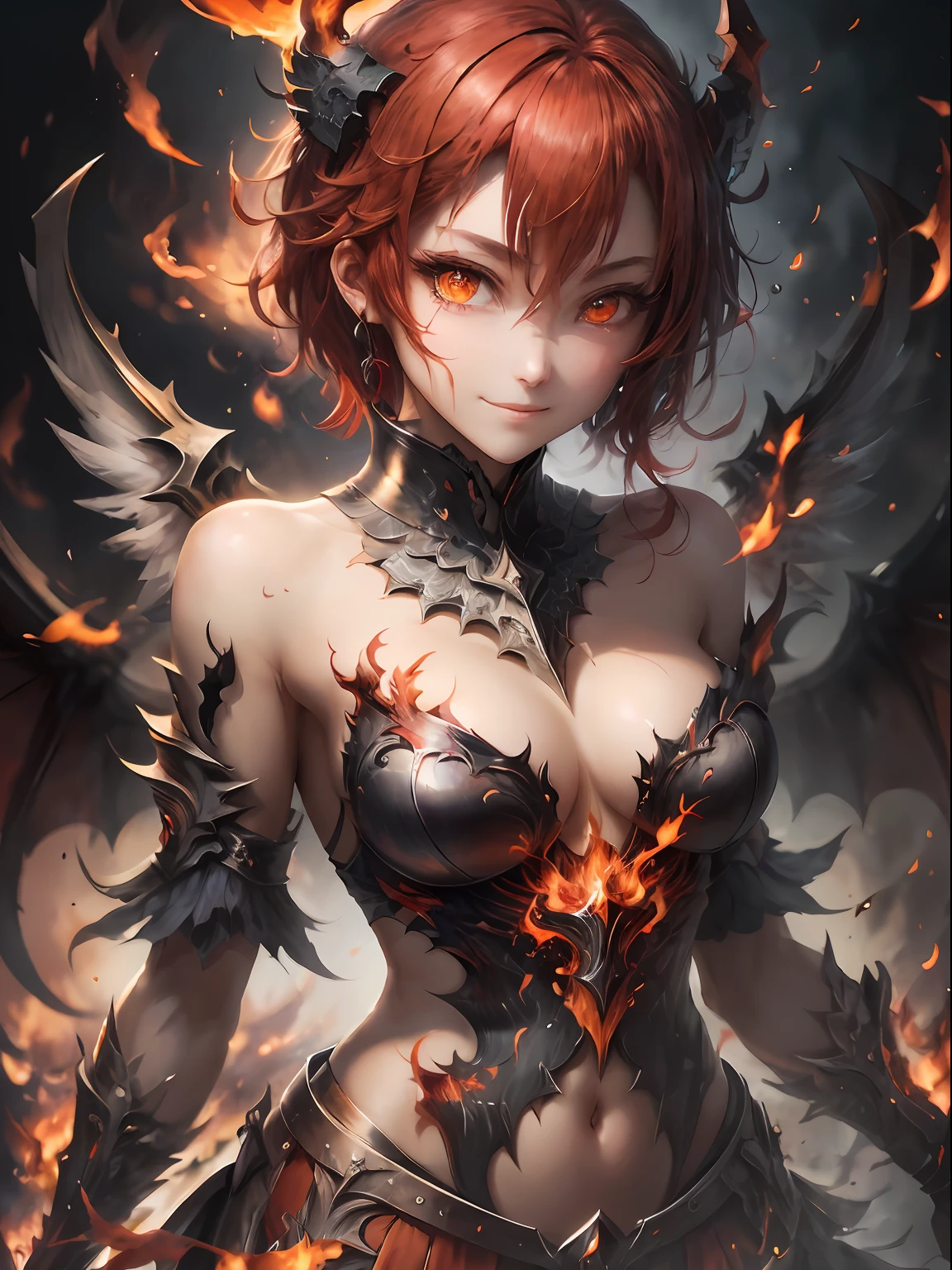 red hairs。short-hair。a miniskirt。耳Nipple Ring。demonic wings。barechested。Fallen Angel。Yami Ochi。Evil Sickness。Diabolical。 son。Witches。Luminous Eyes。huge smile。Large Kama Weapon。Inflammatory elements。flame magic。Flame Weapon。(Award-winning digital works:1.3)(Sketched:1.3)、(Energetic:1.3)、cgsociety、art stations、(chroma:1.3)、(close portrait:1.3)、(femele:1.4)、(Beautiful fece:1.4)、(carismatic:1.3)、Elaborate Eyes、Studio Lighting、Theme Background。Luminous Eyes。Red hair。Flame。loimu。