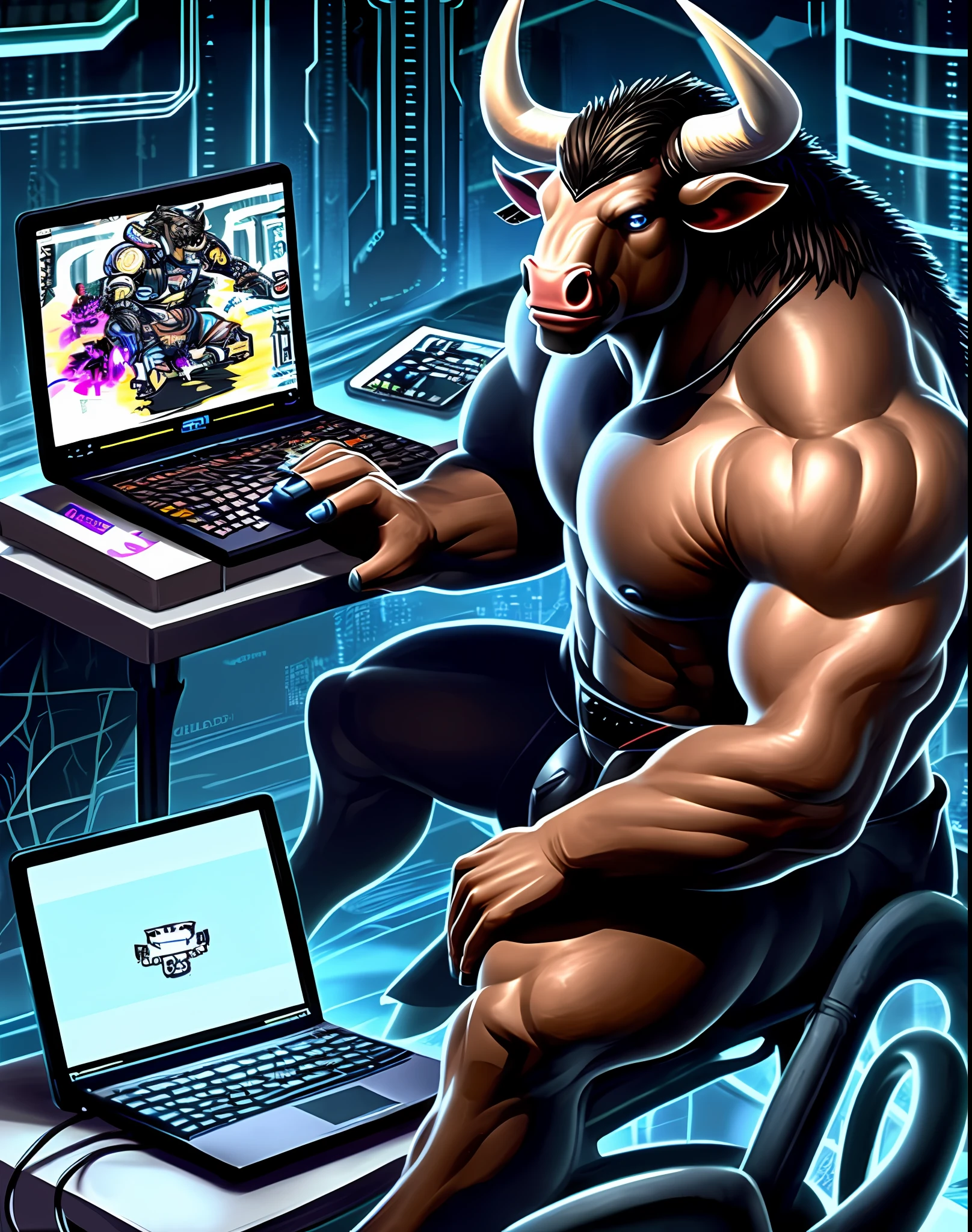 Caricature of a person, sitting at a desk with a laptop computer, Super buff and cool, Hyper bullish, fleshy, Minotaur, Minotaur Warrior, Cyber Western, The Art of Mobile Games, Very buff, Mobile Game Style, computer game art, Stylized cyberpunk Minotaur logo, Big Tech Art Style, epic art style
