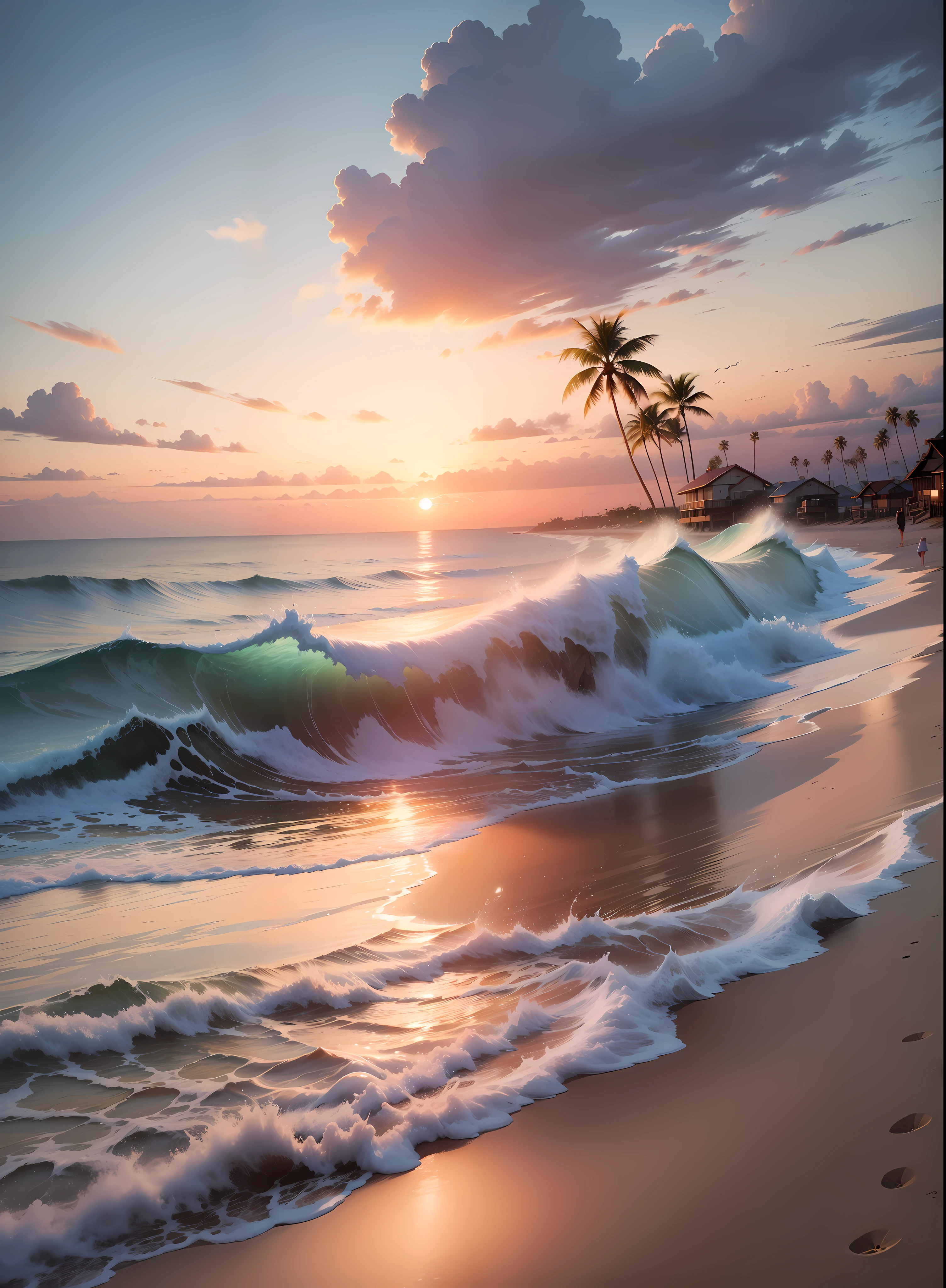 An absolutely mesmerizing sunset over the beach, with a blend of oranges, pinks, and yellows filling the sky. Crystal-clear waters of the sea gently kissing the shore, with sandy white beach stretching far and wide. The scene is dynamic and breathtaking, with seagulls soaring high in the sky and gently swaying palm trees. Take in the calming atmosphere and let the peacefulness wash over you.