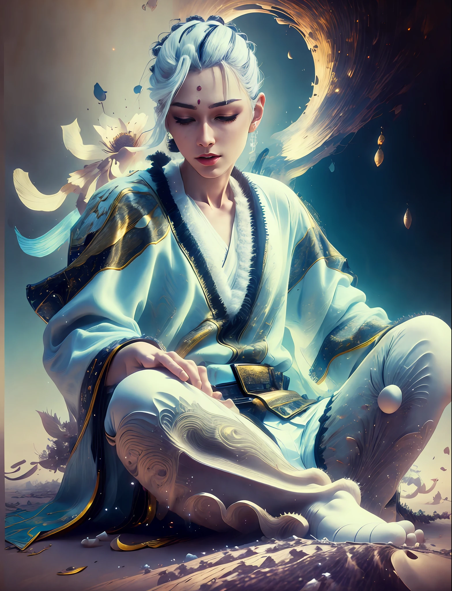 Handsome guy in a white shirt,Sit and meditate in a lotus pose,Look at the audience with your eyes closed,Floating on the ground,cheerfulness,A slight smil,realisticlying,Bokeh,light particules,very highly detailed background,detailed face with,Detailed and complex busy background,Untidy,opulent,milkyW,Highly detailed hands,Realistic details of skin,Visible Pore,tack sharp focus,volume fog,8K UHD,digital SLR camera,high qulity,filmgrain,White skin of the,photo-realism,lomo graphy,Huge metropolis in a dystopia of the future , look from down