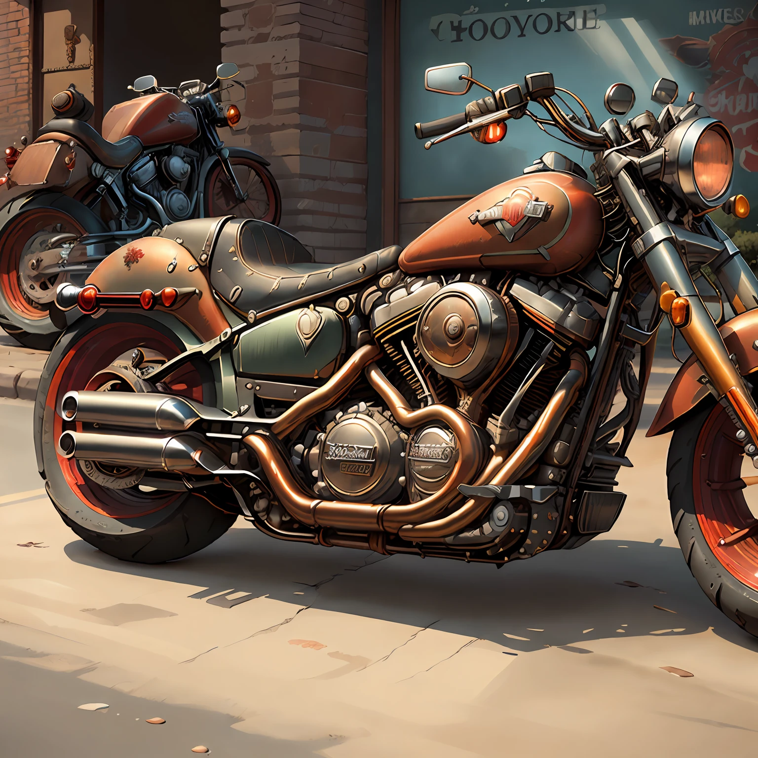 HARLEY DAVIDSON FAT BOY 1600,Vista integral Mad Max CogPunkAI ,Cores 64 k, (cores),(vermelho,amarelo,))portanto,4D ,