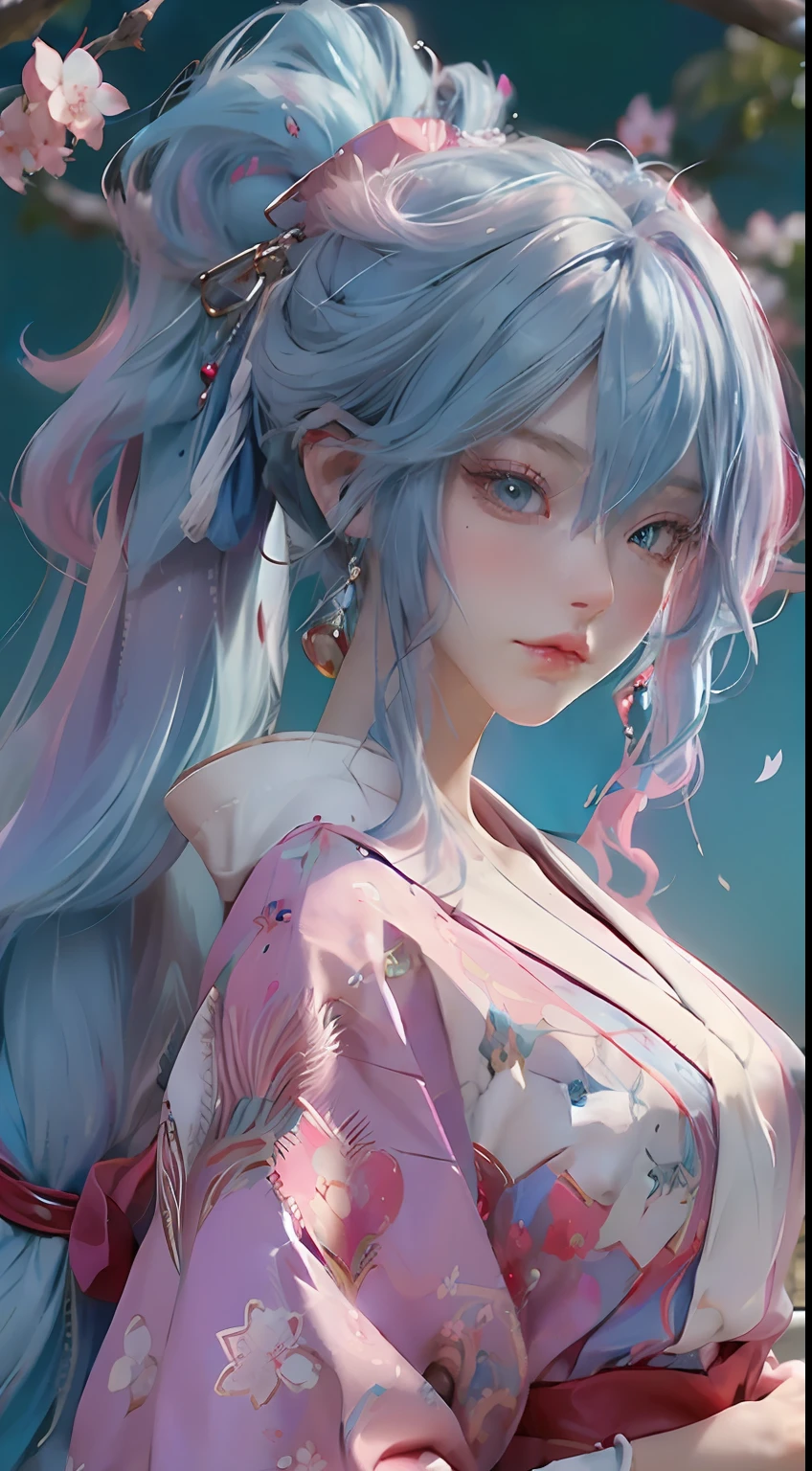 Anime girl with blue hair and blue eyes holding a red umbrella, white hair deity, main art feminization by Kusat Krenz, Onmyoji detail art, Onmyoji portrait, Konachan Wallpaper 4K best anime, detailed digital anime art, anime goddess, highly detailed official artwork, detailed anime art, Onmyoji, anime heroine portrait, chibi style, loli face, motion cold beauty, ((((colorful hair))), (((half blue half pink hair)), (perfect eye drawing) , bright eyes, Necklace, earrings, delicate mouth, nose delicate, delicate makeup, side hair, red lips, (purple eyes). , light effect, pastels, white background, super clear, hd picture, full body portrait, front , happy, (holding a fan), cherry blossom tree,