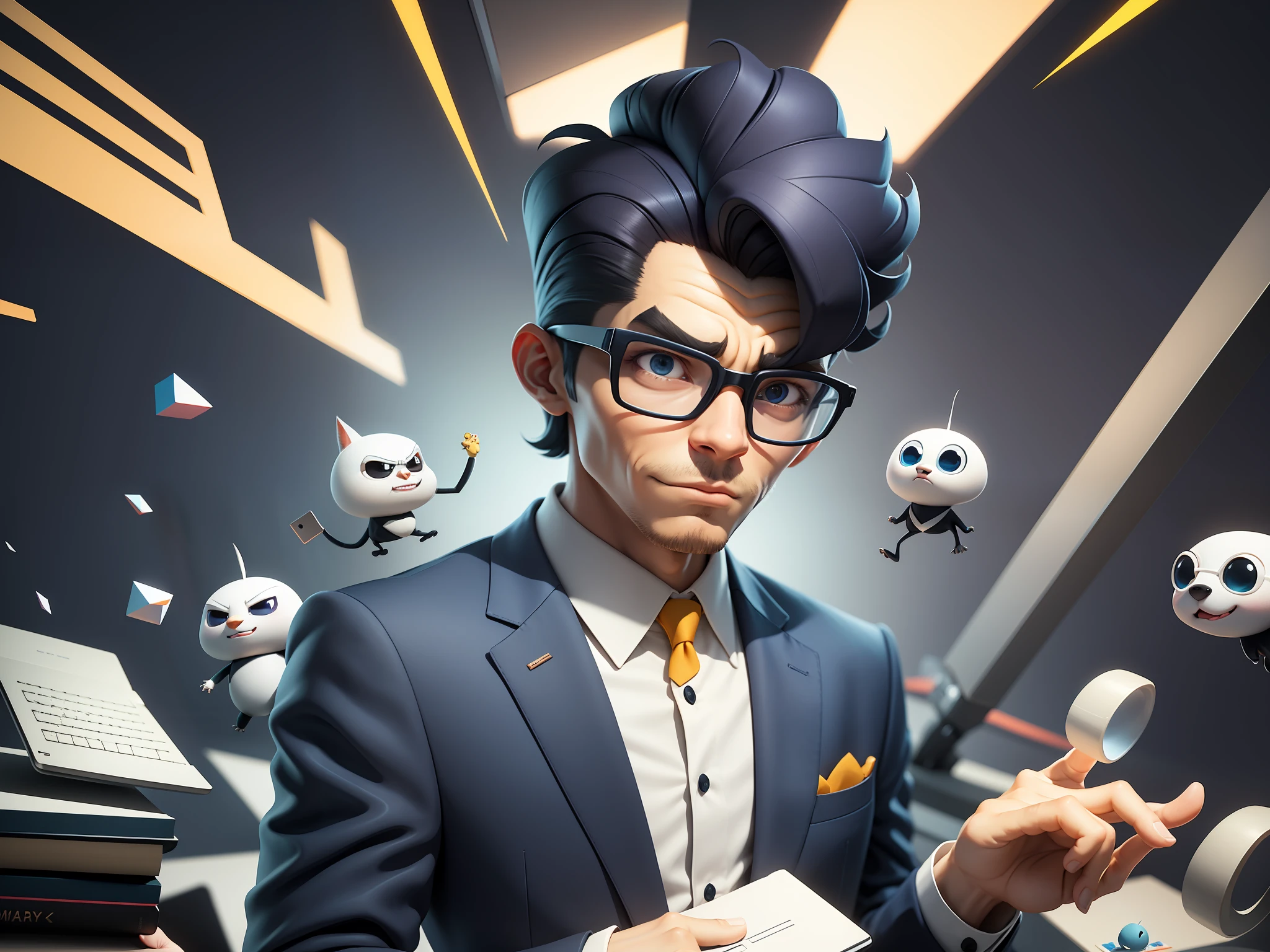 A young man in a suit and pants, Short hair and glasses sat at his desk，holding laptop，digitial painting，tigre，3D character design by Mark Clairen and Pixar and Hayao Miyazaki and Akira Toriyama，4K HD illustration，Very detailed facial features and cartoon-style visuals。