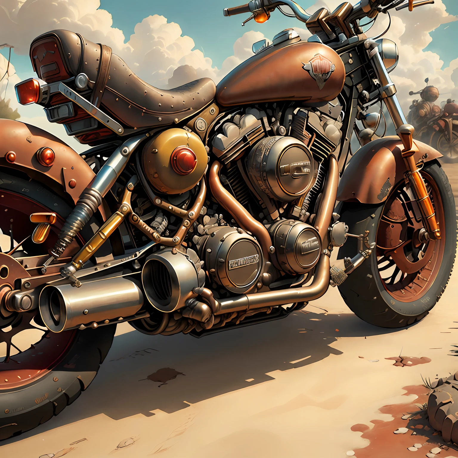 HARLEY DAVIDSON FAT BOY 1600,Vista integral Mad Max CogPunkAI ,Cores 64 k, (cores),(vermelho,amarelo,))portanto,4D ,
