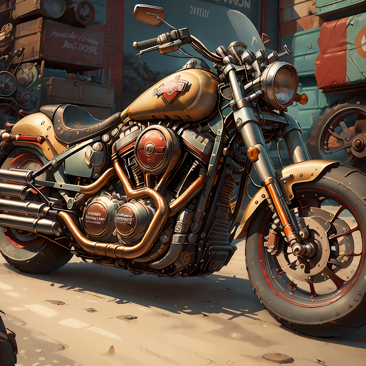 HARLEY DAVIDSON FAT BOY 1600,Vista integral Mad Max CogPunkAI ,Cores 64 k, (cores),(vermelho,amarelo,))portanto,4D ,
