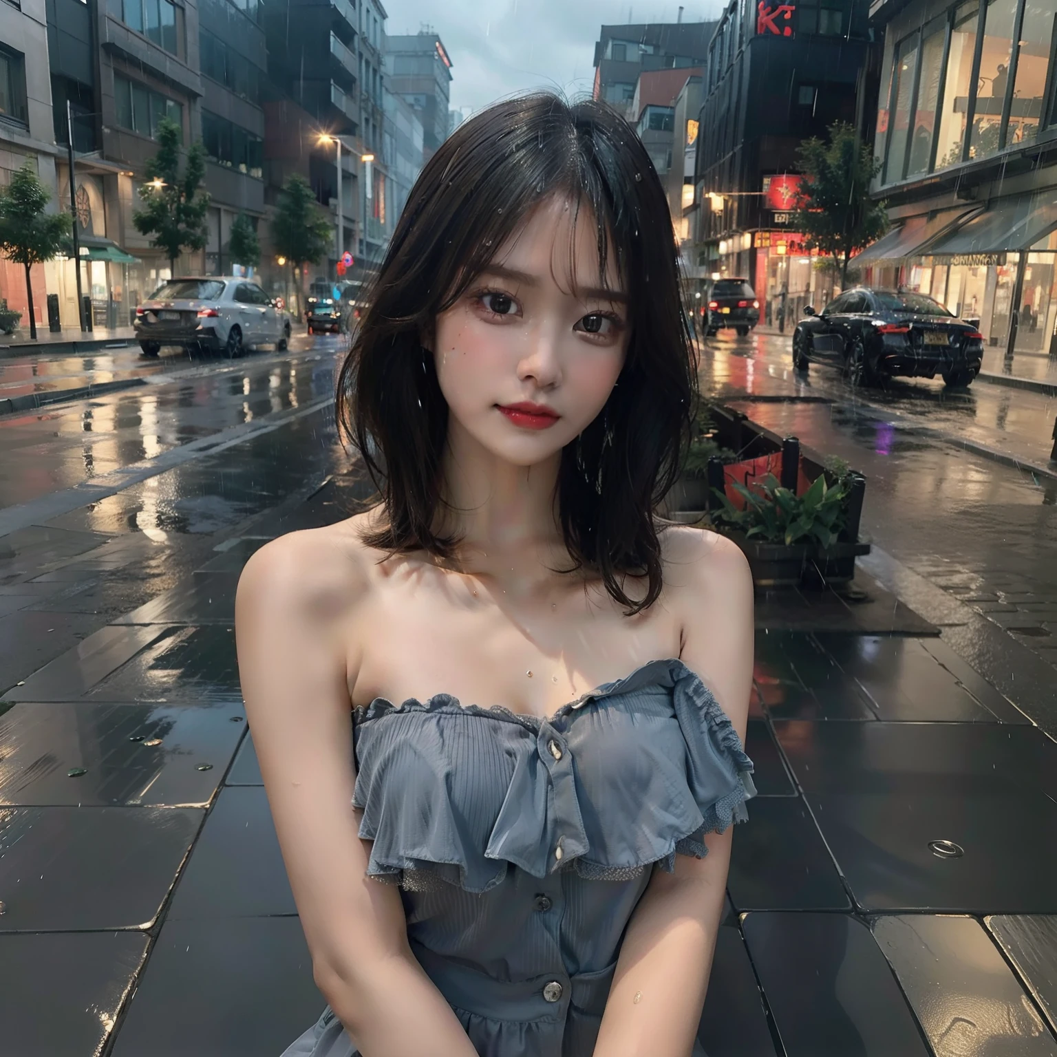 ((Best Quality, 8k, Masterpiece:1.3)), Focus:1.2, Perfect Body Beauty:1.4, Buttocks:1.2, ((Layered Haircut, Breasts:1.2)), (Wet Clothes:1.1) , (Rain, Street:1.3), Bandeau Dress: 1.1, Highly Detailed Face and Skin Texture, Fine Eyes, Double Eyelids, Whitened Skin, Long Hair, (Shut Up: 1.3)