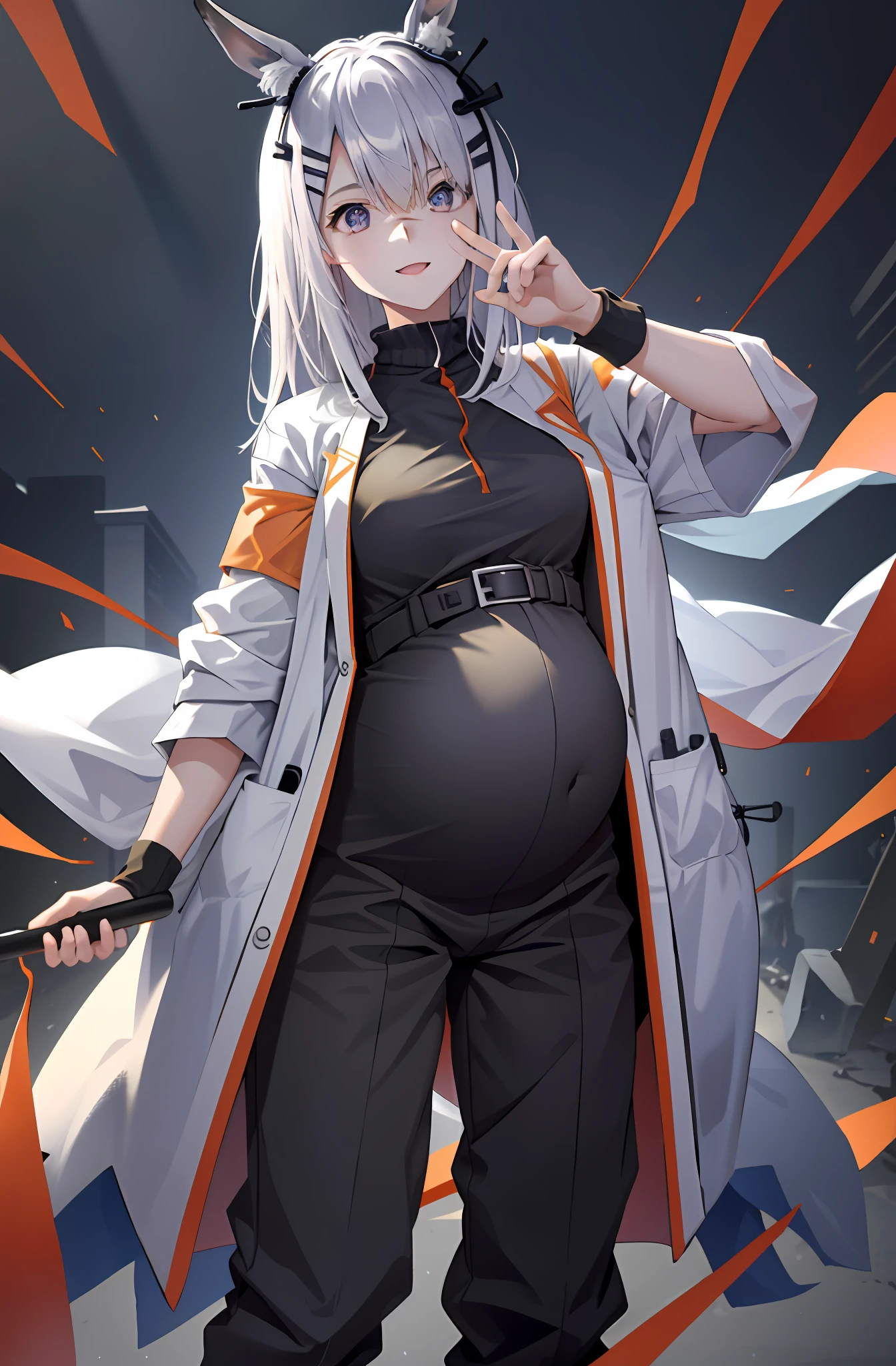 TakaRi， 独奏， 1girll， whaite hair， long whitr hair， Purple eye， ssmile， standing on your feet， dynamicposes， 8K， tmasterpiece， best qualtiy， absurderes， Perfect anatomy， cinmatic lighting， cowboy lens， （Police uniform：1.1）， trouser，Pregnant belly，Pregnant belly