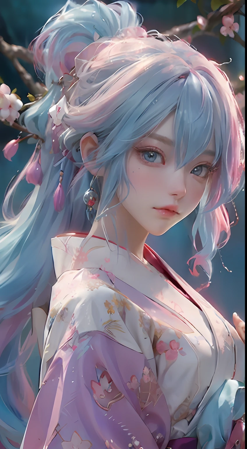 Anime girl with blue hair and blue eyes holding a red umbrella, white hair deity, main art feminization by Kusat Krenz, Onmyoji detail art, Onmyoji portrait, Konachan Wallpaper 4K best anime, detailed digital anime art, anime goddess, highly detailed official artwork, detailed anime art, Onmyoji, anime heroine portrait, chibi style, face, motion cold beauty, ((((colorful hair))), (((half blue half pink hair)), (perfect eye drawing) , bright eyes, Necklace, earrings, delicate mouth, nose delicate, delicate makeup, side hair, red lips, (purple eyes). , light effect, pastels, white background, super clear, hd picture, full body portrait, front , happy, (holding a fan), cherry blossom tree,