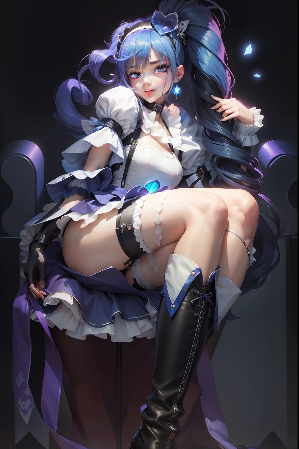 aono_miki, heart_hair_ornament, magical_warriors, thighhighs, 1boy,Handsome、Junior high school boys、genderswap、genderswap_(ftm)、 boots, hair_ornament, knee_boots, heart, long_hair, solo, high_heels, blue_skirt, wrist_cuffs, blue_eyes, choker, frills, rating:questionable, midriff, black_legwear, eyelashes, drill_hair, cure_berry, skirt, jewelry, high_heel_boots, earrings, blue_choker, thighhighs_under_boots, crossed_legs, underwear, panties, white_panties、blue_panties、 purple_hair, waist_bow, on_side, sitting, blue_footwear, thigh_boots, frilled_skirt, ribbon,  smile, flat_breasts、flat_chest, white_crop_top、white_dress, hairband、navel baring、