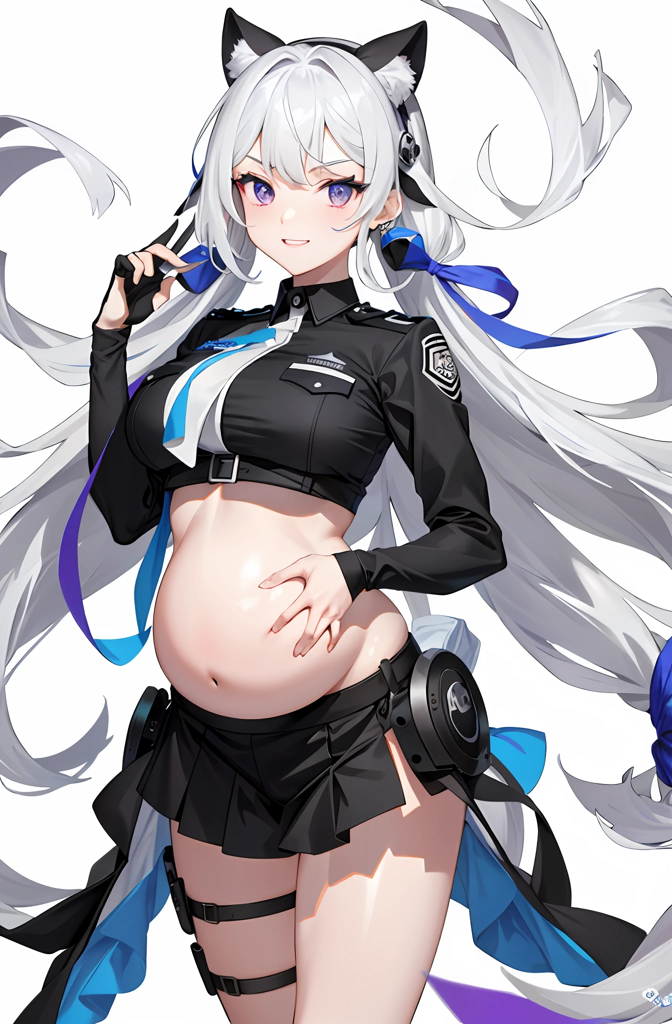 TakaRi， 独奏， 1girll， whaite hair， long whitr hair， Purple eye， ssmile， standing on your feet， dynamicposes， 8K， tmasterpiece， best qualtiy， absurderes， Perfect anatomy， cinmatic lighting， cowboy lens， （Police uniform：1.1）， trouser，Pregnant belly，Pregnant belly