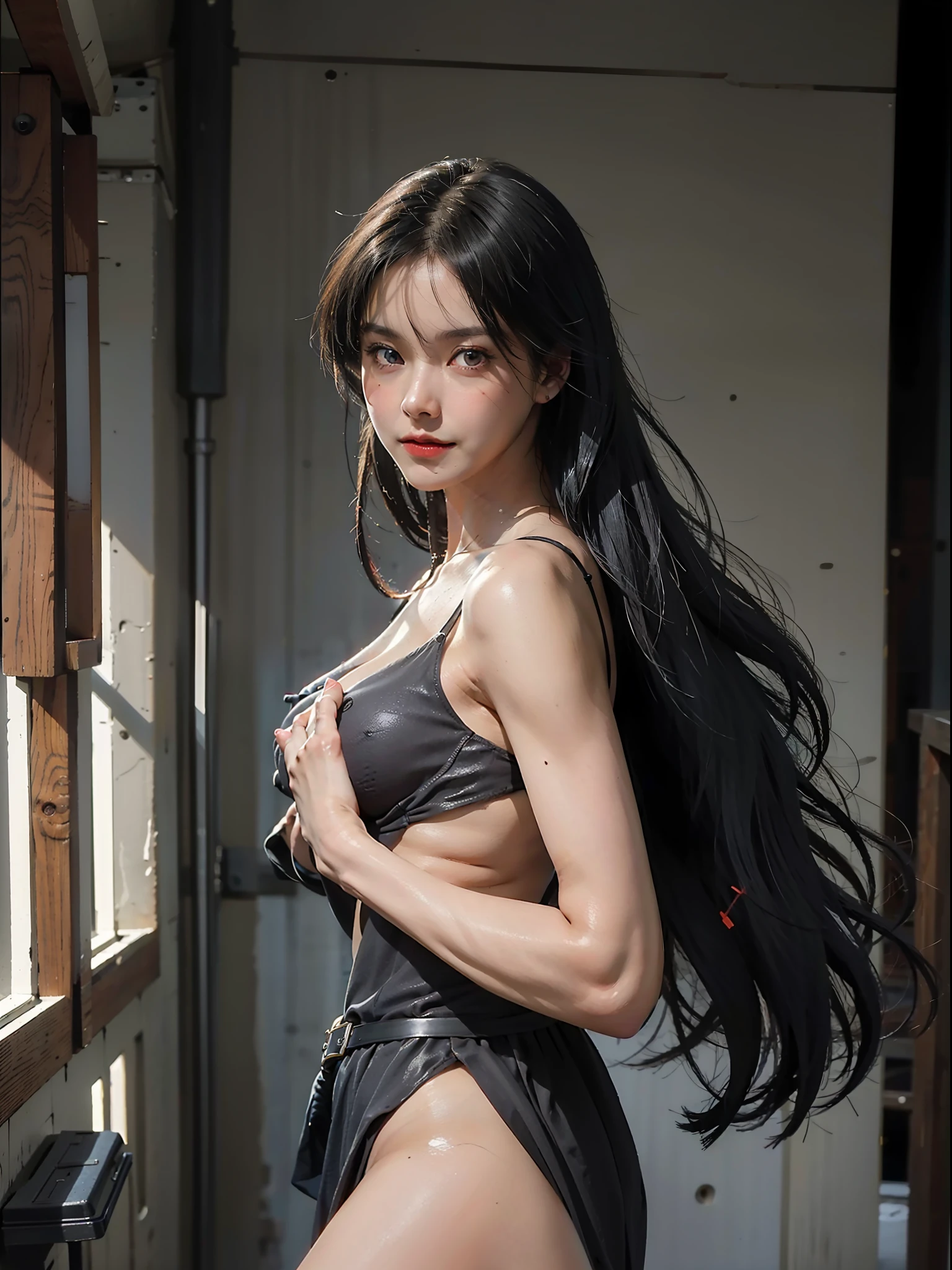 1girl, akame(akame ga kill) waist up, light smile, shiny skin
best quality, masterpiece, (photorealistic:1.4), hiqcgbody, high detail RAW color photo, bodybuilding physique, (elegant, beautiful face), (skin detail), (oil: 0.6), (Tesla coil: 0.4), soft light, (side light: 0.8), shadow Projection, deep focus, shot with Leica 10772 MP, 85mm macro lens, F/8 aperture, film still, model (office ol, sexy), (extremely detailed face) (very detailed and expressive eyes), (((small_breasts, delicate big, exposed breasts, exhibitionist))), completely nude, full naked