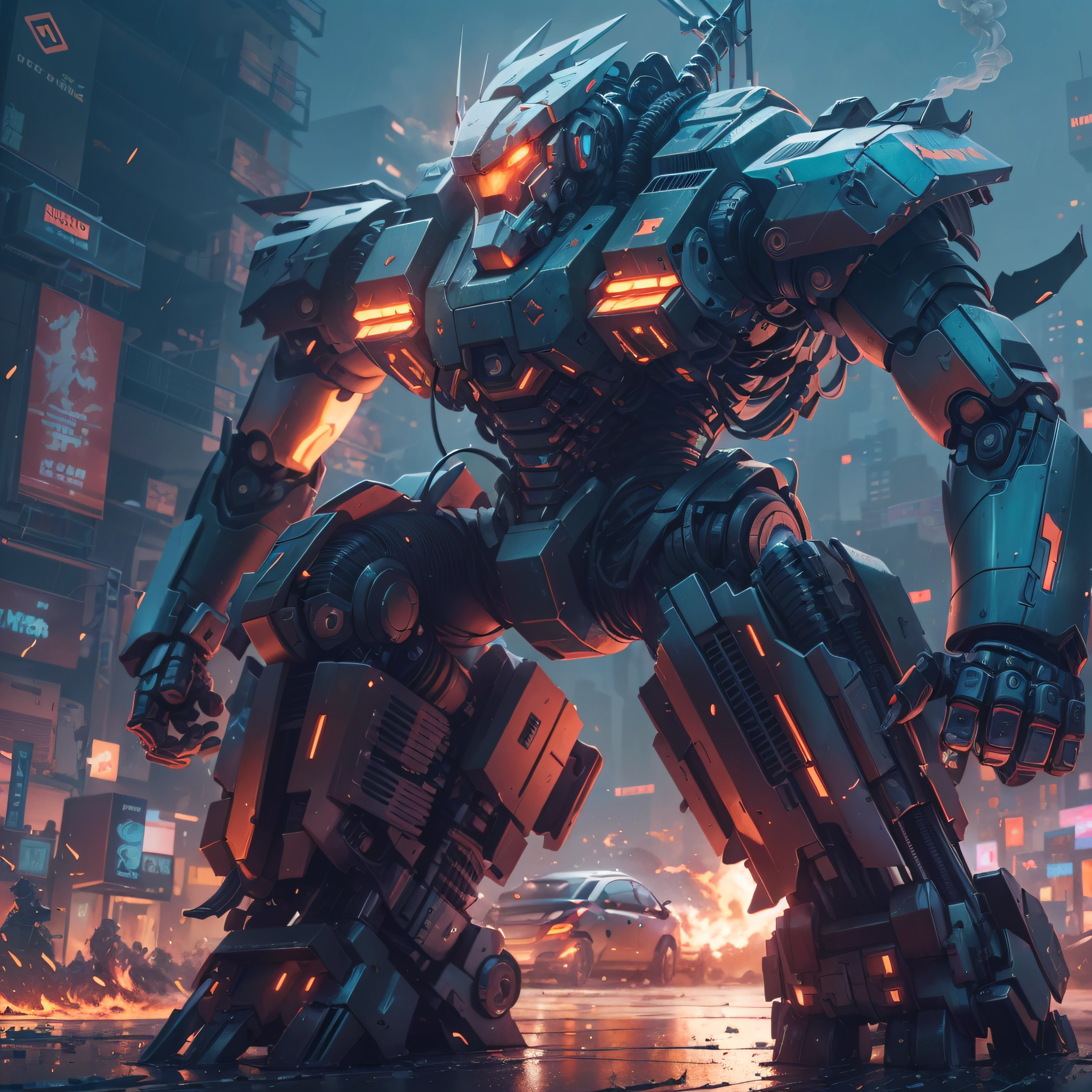 1 giant robot, slick design cyberpunk, stunning gradient colors, stylized, ((battle pose, battle stance)) smoke, fire, raining
anime, masterpiece, best quality, (extremely detailed CG unity 8k wallpaper), (best quality), (best illustration), (best shadow), absurd res, realistic lighting, beautiful detailed glow