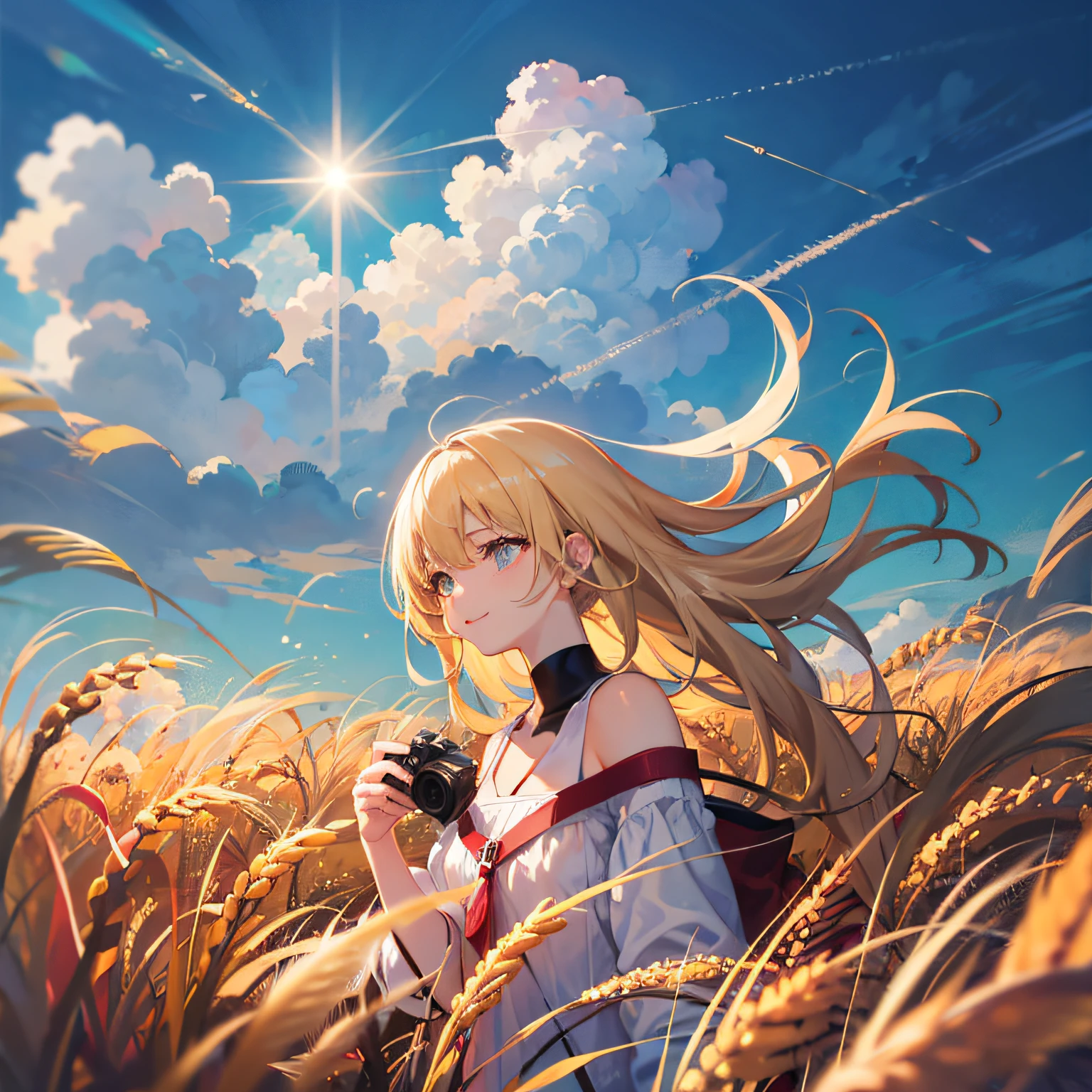 Oily wheat, blue-sky, White cumulonimbus clouds, Condensation trails, shining sun, The oil wheat swayed in the wind, Photoquality, Live action, Realistis, transparency, Realistic depiction, digital SLR camera, high qulity, filmgrain, Fujifilm XT3, Standing figure, The barefoot, Hair swaying in the wind, hair to shoulder, largeeyes, Blonde hair floats in the wind, long whitr hair, yellow cap, white  clothes, smile, Tonalism, Romanticism, Contemporary art, Surrealism, stereogram, anime style, UHD