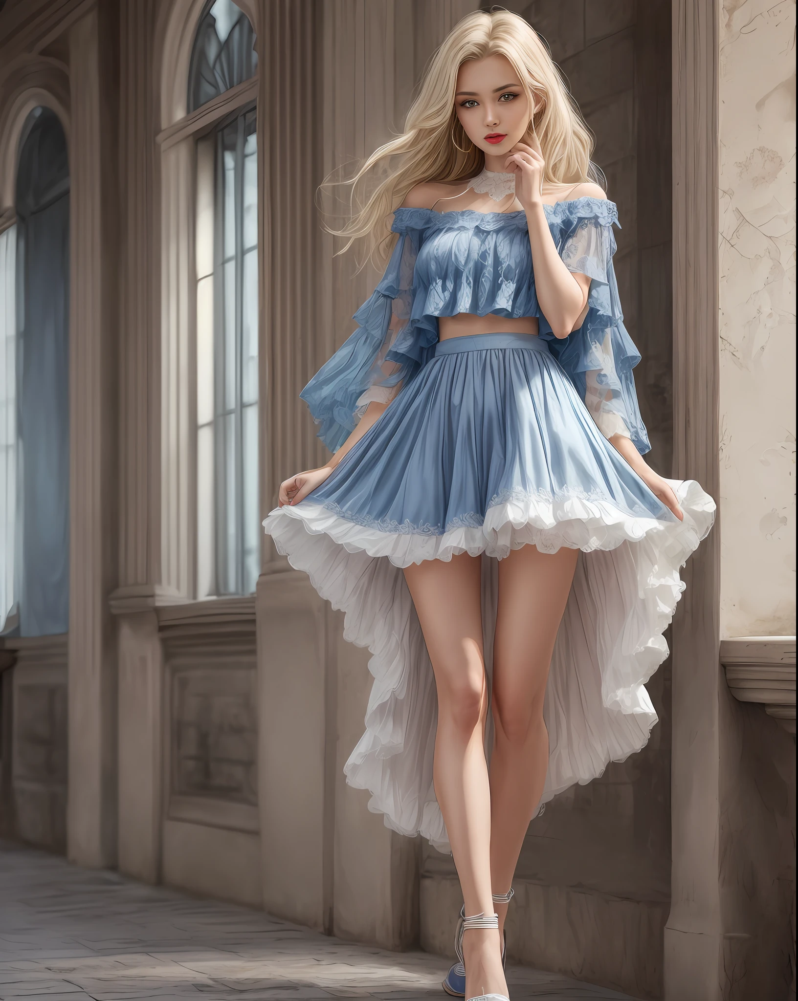 woman, straight blonde hair, blue ruffled lace top, red skirt, blue eyes, red lips, full body, white background --auto --s2