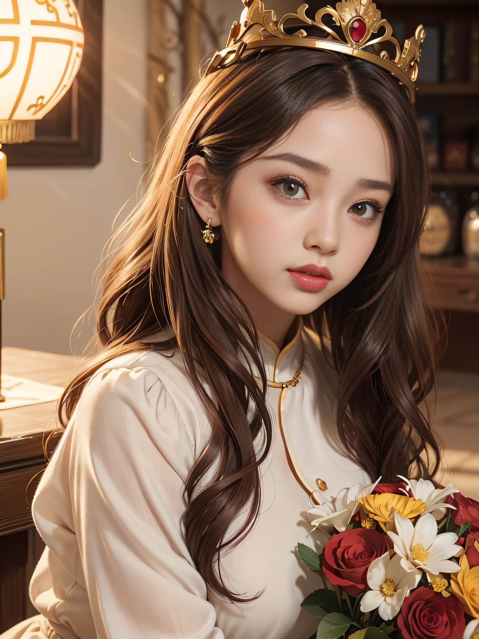 light-brown long hair,closeup of face,Chinese big eyes girl with lipstick on her lips, Realistic scene style, Light brown and light maroon, Bouquet in hand,Crown on head,I can't believe how beautiful this is, pixar-style, pixar-style, pixar-style, pixar-style,Light white and light maroon, cartoon character