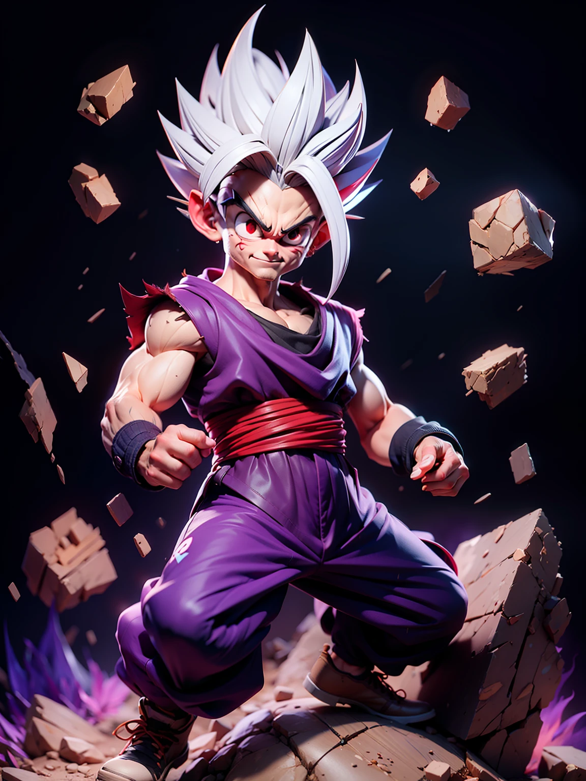 masterpiece, best quality, ultra-detailed, Adult Gohan 1boy, solo, Full body, evil smile, grey hair, spiked hair, (((red eyes))), (((perfect eyes))), (((PURPLE dougi))), full body, looking at viewer, male focus, earth \(planet\), planet, space, cracked ground and lots of rocks rising up, lots of debris going up, perfect hands . Cute, chibi,