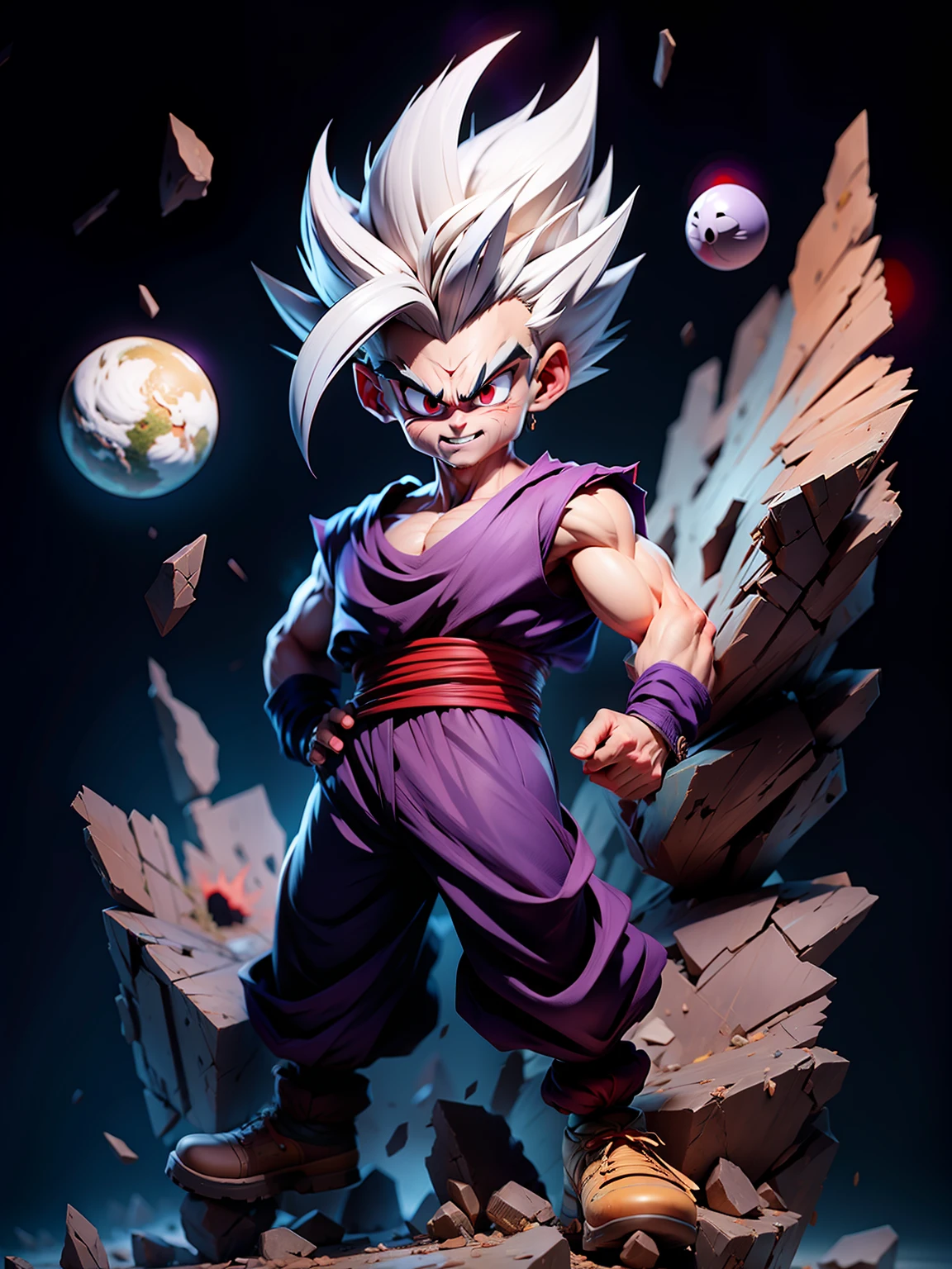 masterpiece, best quality, ultra-detailed, Adult Gohan 1boy, solo, Full body, evil smile, grey hair, spiked hair, (((red eyes))), (((perfect eyes))), (((PURPLE dougi))), full body, looking at viewer, male focus, earth \(planet\), planet, space, cracked ground and lots of rocks rising up, lots of debris going up, perfect hands . Cute, chibi,