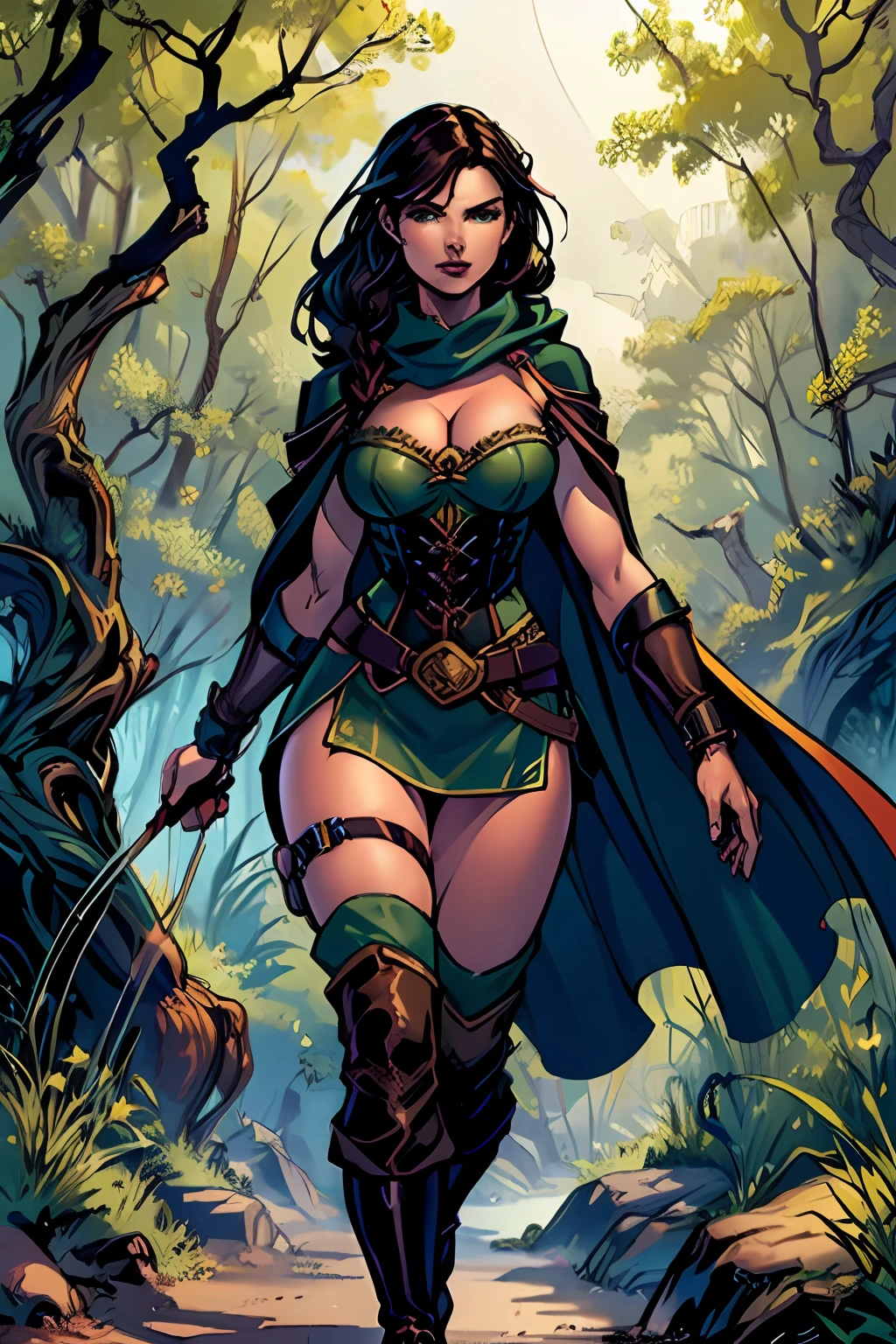 (masterpiece, top quality, best quality, official art, beautiful and aesthetic:1.2), (1girl:1.3), dark brown hair in a single braid, extremely detailed, portrait, looking at viewer, solo, (full body:0.6), detailed background, close up, cat eyes, (warm summer forest theme:1.1), elf ranger, charlatan, smirk, mysterious, walking in forest, revealing ranger attire, brown leather, cowl, cloak, corset, long boots, buckles, straps, pouches, bow and arrow, green fabric, brown leather, ((gigantic breasts, skindentation)), slim waist, slim hips, long legs, medieval (forest exterior:1.1) background, dark mysterious lighting, shadows, magical atmosphere, dutch angle