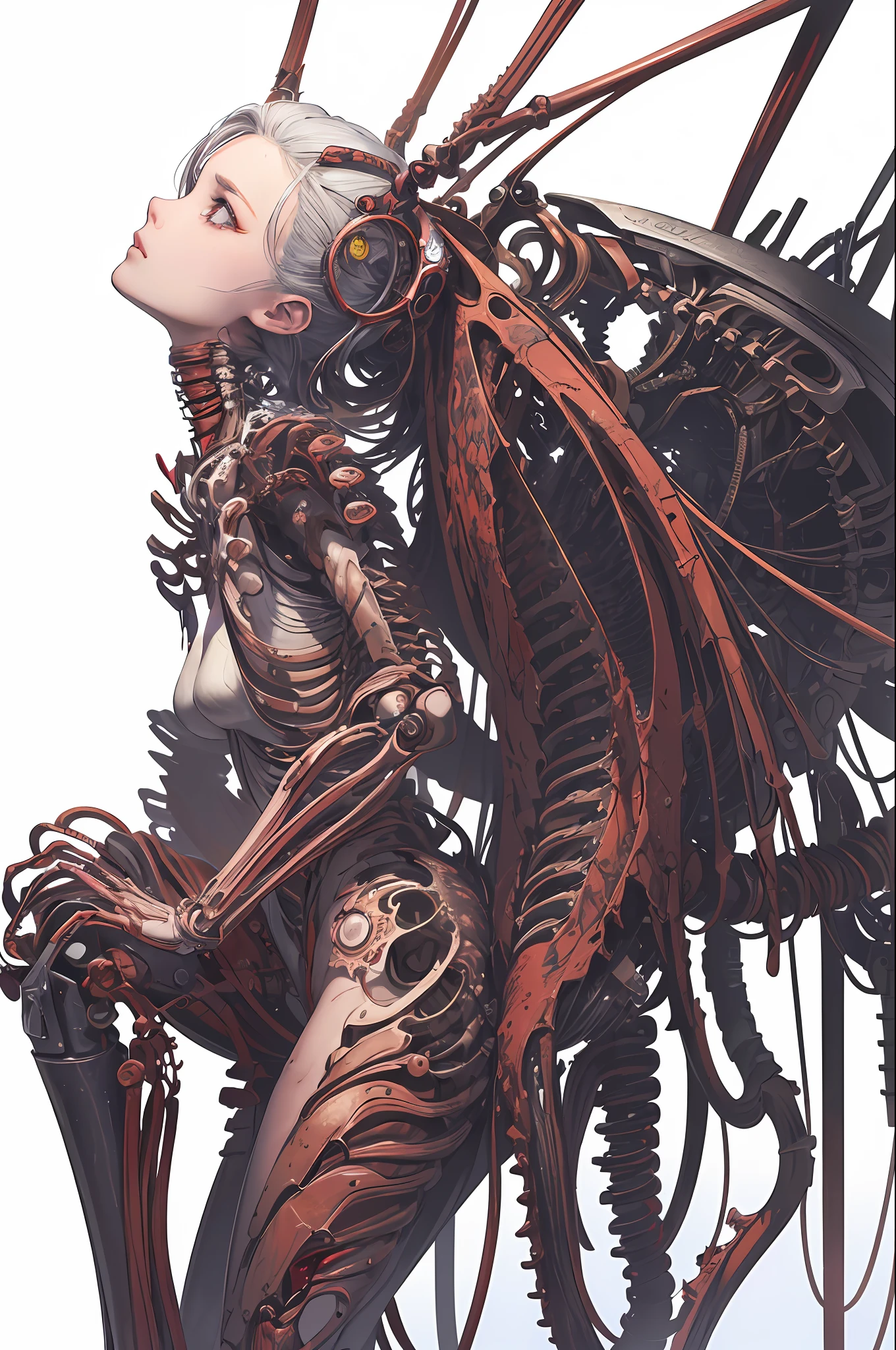 (masterpiece, top quality, best quality, official art, beautiful and aesthetic:1.2), (1girl:1.3), extreme detailed,colorful,highest detailed ((ultra-detailed)), (highly detailed CG illustration), ((an extremely delicate and beautiful)),(from side),cinematic light,((1mechanical girl)),solo,full body,(machine made joints:1.2),((machanical limbs)),(blood vessels connected to tubes),(mechanical vertebra attaching to back),((mechanical cervial attaching to neck)),(sitting),expressionless,(wires and cables attaching to neck:1.2),(wires and cables on head:1.2)(character focus),science fiction,white background,(blood:1.5)