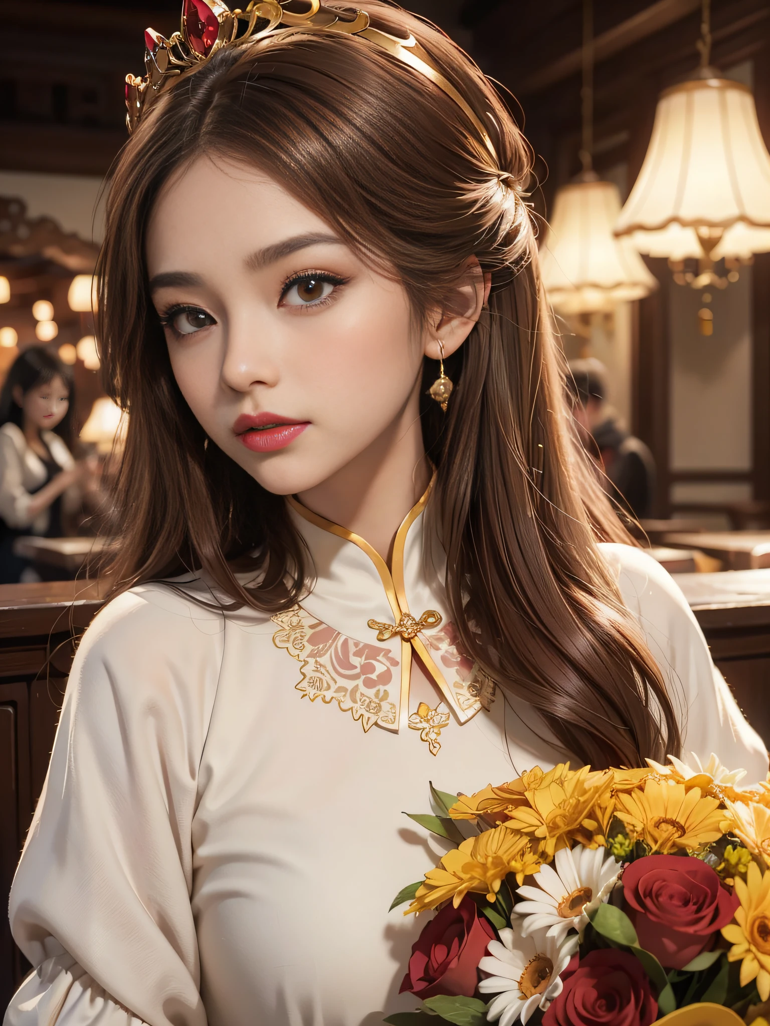 light-brown long hair,closeup of face,Chinese big eyes girl with lipstick on her lips, Realistic scene style, Light brown and light maroon, Bouquet in hand,Crown on head,I can't believe how beautiful this is, pixar-style, pixar-style, pixar-style, pixar-style,Light white and light maroon, cartoon character