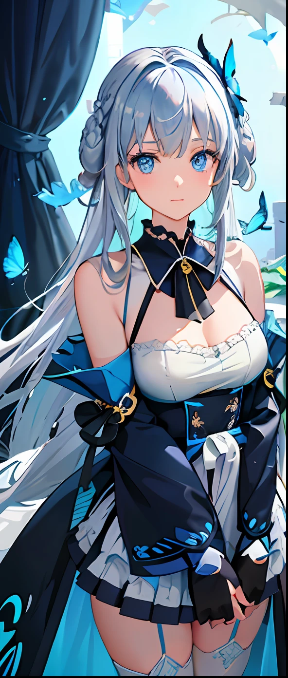 (Overhead view),dynamic angle,ultra-detailed, illustration, close-up, straight on, 1girl, (fantasy:1.4), (azure blue eyes:1.233),Her eyes shone like dreamy stars,(glowing eyes:1.233),(beautiful and detailed eyes:1.1),(Silver hair:1.14),(messy hair,very long hair,french braid,hair between eyes,sidelocks), (+(bule hair flower:1.14)),(chiffon dress,bule flower pattern in uniform)/=(military uniform:1.24),(detached sleeves,wide sleeves),(fingerless gloves),choker,(miko thighhighs),High heeled boots,(expressionless,closed mouth),(standing), (classical Princess boudoir with dressing tableand french windowin a white ancient palaces),(white flowers,bloom),(abysmal sea),(flowing water),(a dull blue world tree:1.14),(ruins),(night:1.2),dreamy,soul,(fluorescence),(flying translucent blue butterflies:1.15), [[delicate fingers and hands:0.55]::0.85],(detail fingers),(yubao:0.5),
