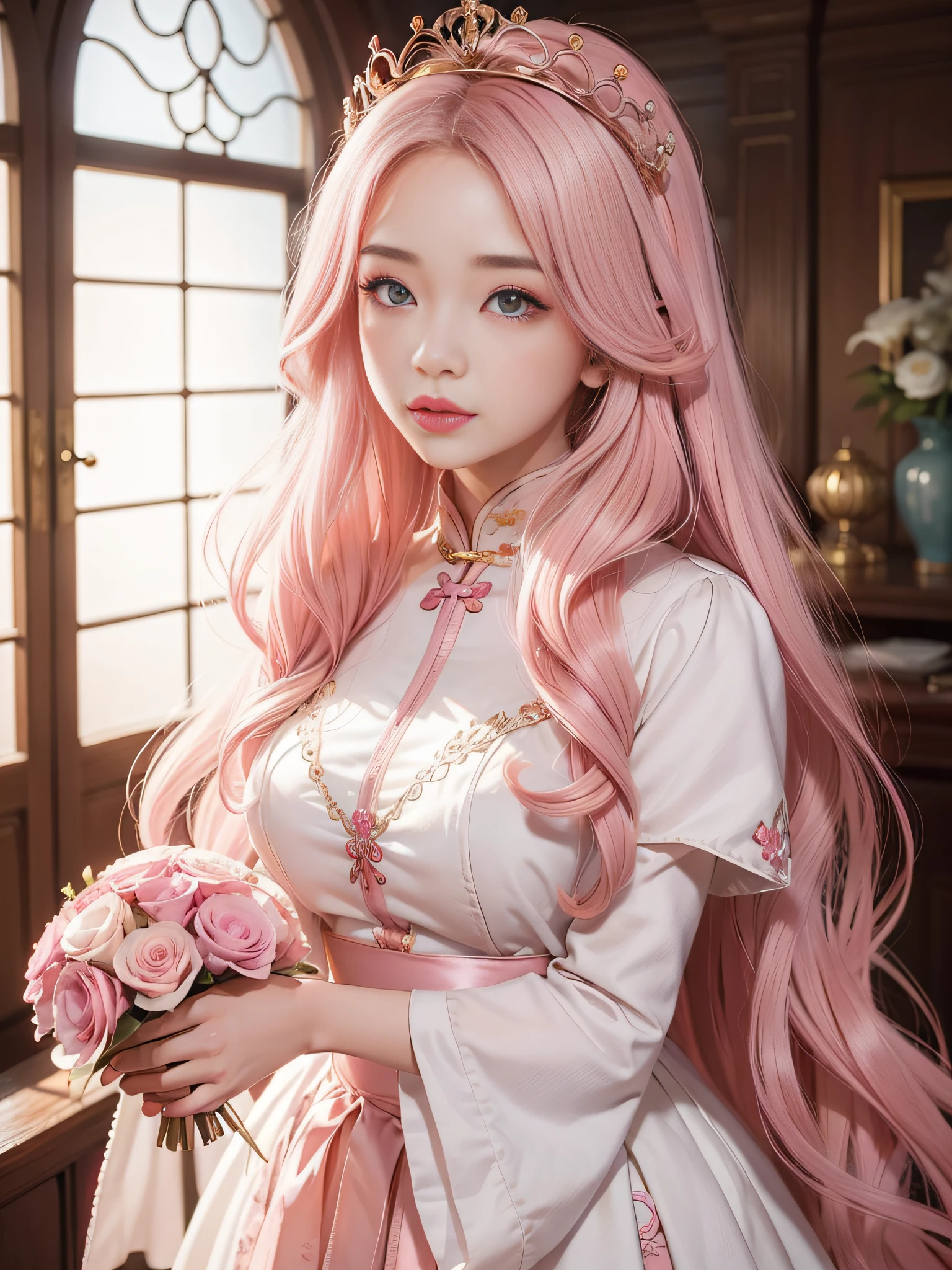 Long Light Hair，close to face，Chinese big eyes girl with lipstick on her lips, Realistic scene style, Light pink and light maroon, Bouquet in hand，Crown on head，I can't believe how beautiful this is, pixar-style,  pixar-style, pixar-style, pixar-style,Light white and dark pink, cartoon character