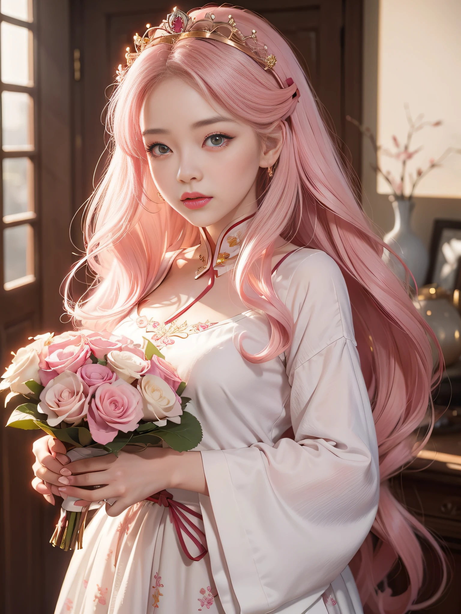 Long Light Hair，close to face，Chinese big eyes girl with lipstick on her lips, Realistic scene style, Light pink and light maroon, Bouquet in hand，Crown on head，I can't believe how beautiful this is, pixar-style,  pixar-style, pixar-style, pixar-style,Light white and dark pink, cartoon character