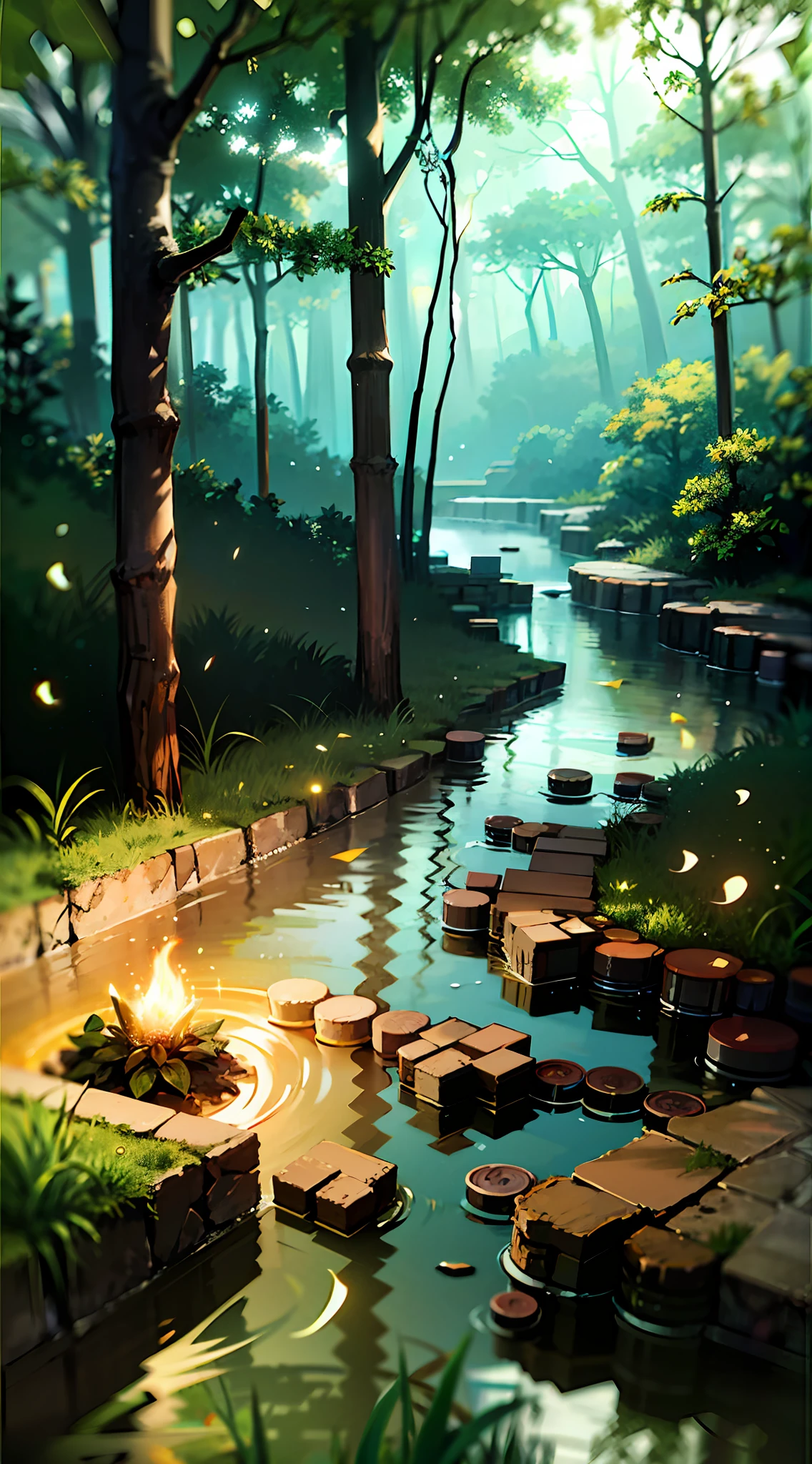 A masterpiece, the best quality, stunning reflections, the best reflections ever. (very detailed CG unity 8k wallpapers), night, (best quality), (best illustrations), (best shadows), forest theme with natural elements. quiet streams, small glowing mushrooms surrounded by delicate leaves and branches, with fireflies and glowing particle effects,, (natural elements), (leaves), (twigs), (fireflies), butterflies, samurai girl, passing by, (delicate leaves), (glow), (particle effects). , Isometric 3D, Octane Rendering, Ray Traced, Super Detailed