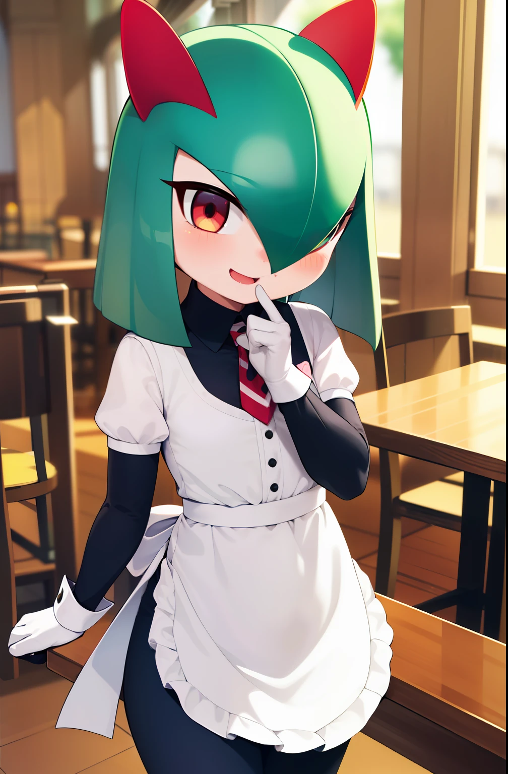 obra maestra, mejor calidad, 1 girl in, solo, kirlia, cabello verde, ojos rojos, senos femeninos, senos medianos, en un restaurante, sonriendo, maid uniform, ropa negra, (((embarazada))), de rodillas, besando un pene.