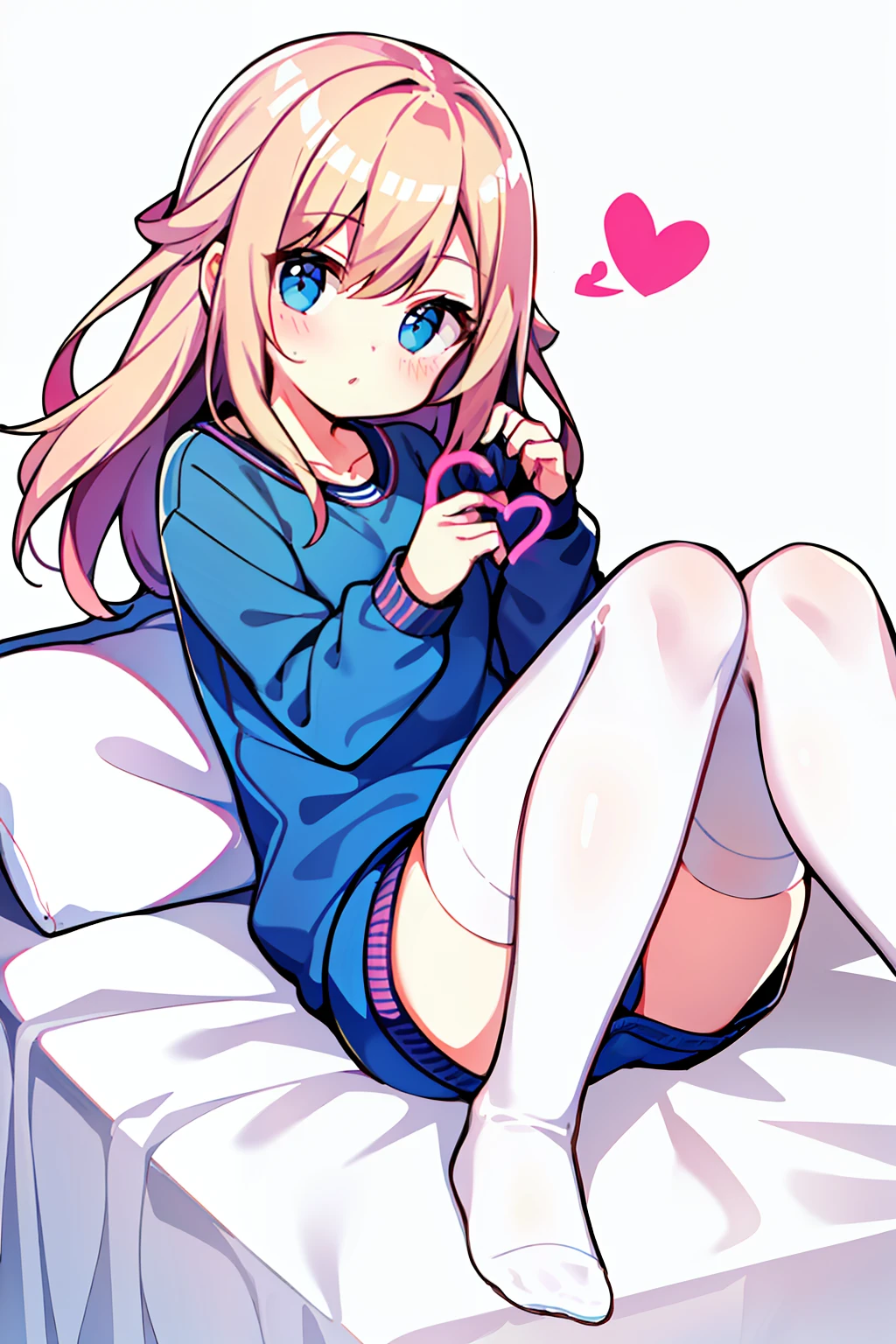 1girll，full bodyesbian，leisure wear，fleshy legs，white stockings，Lie down in bed，Cute white background, （Speaking heart：1.4）