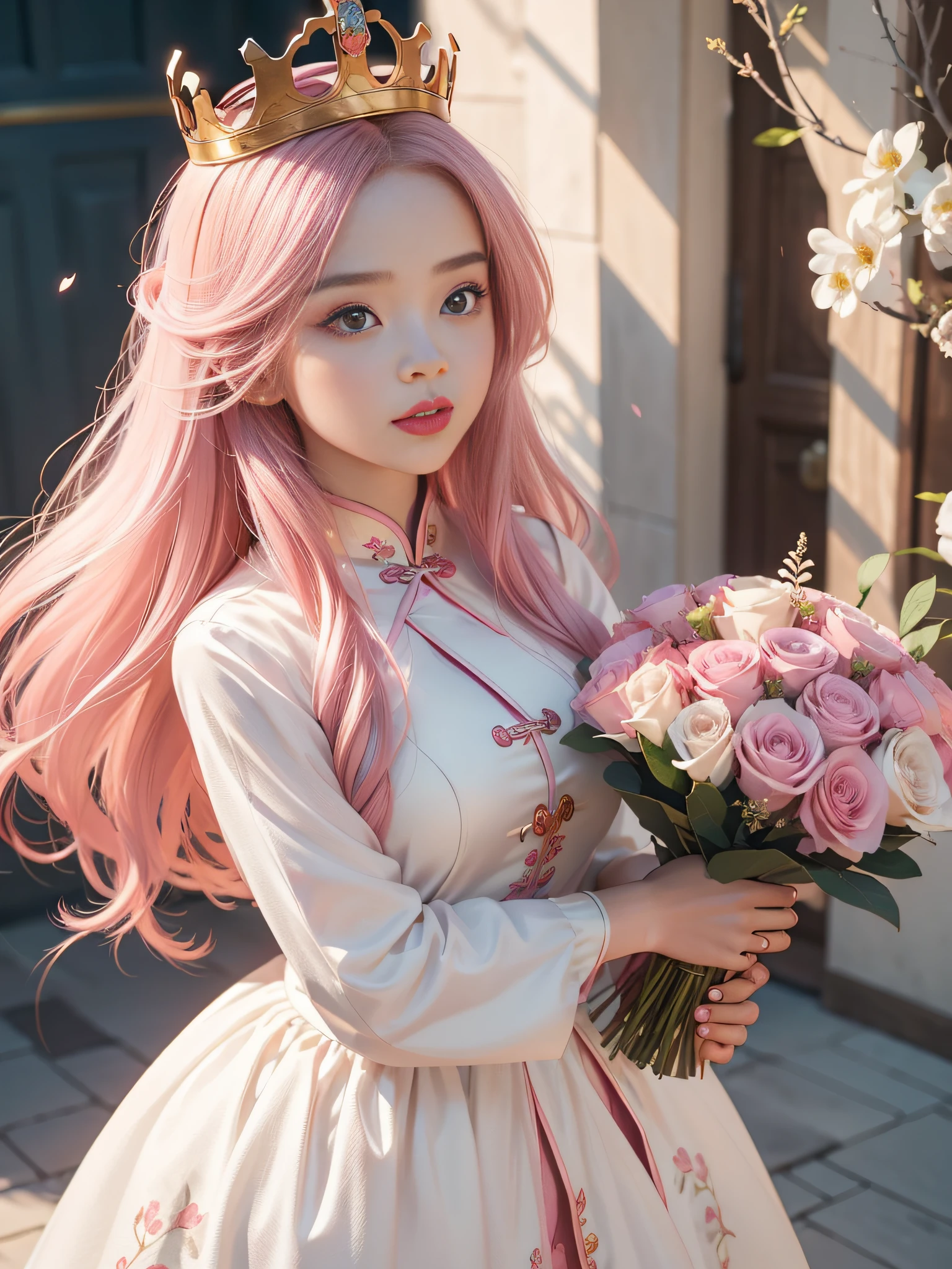 Long Light Hair，close to face，Chinese big eyes girl with lipstick on her lips, Realistic scene style, Light pink and light maroon, Bouquet in hand，Crown on head，I can't believe how beautiful this is, pixar-style,  pixar-style, pixar-style, pixar-style,Light white and dark pink, cartoon character