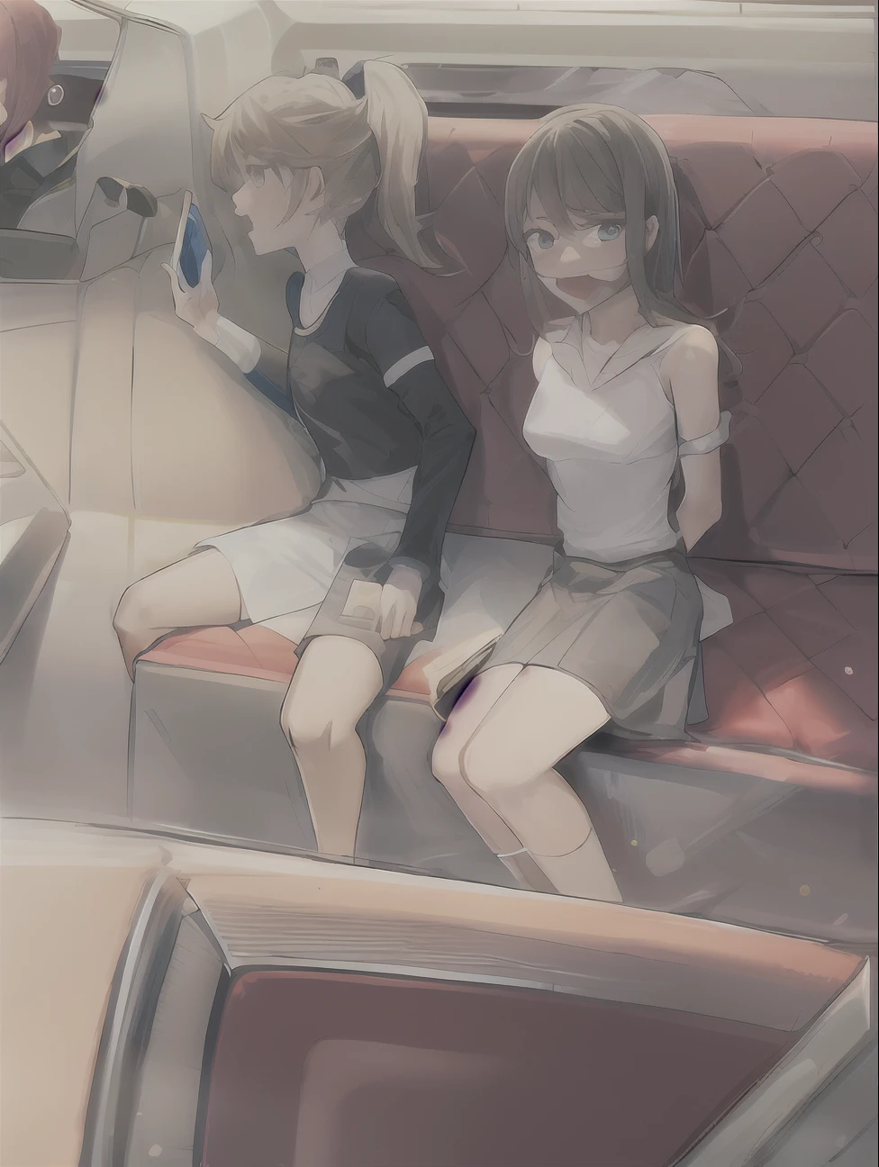 The prompt has been optimized as: "Drawing of two people sitting on a couch with a cell phone, beautiful face, with one girl's hand on the back, set in a luxury high-speed rail, JK girls."