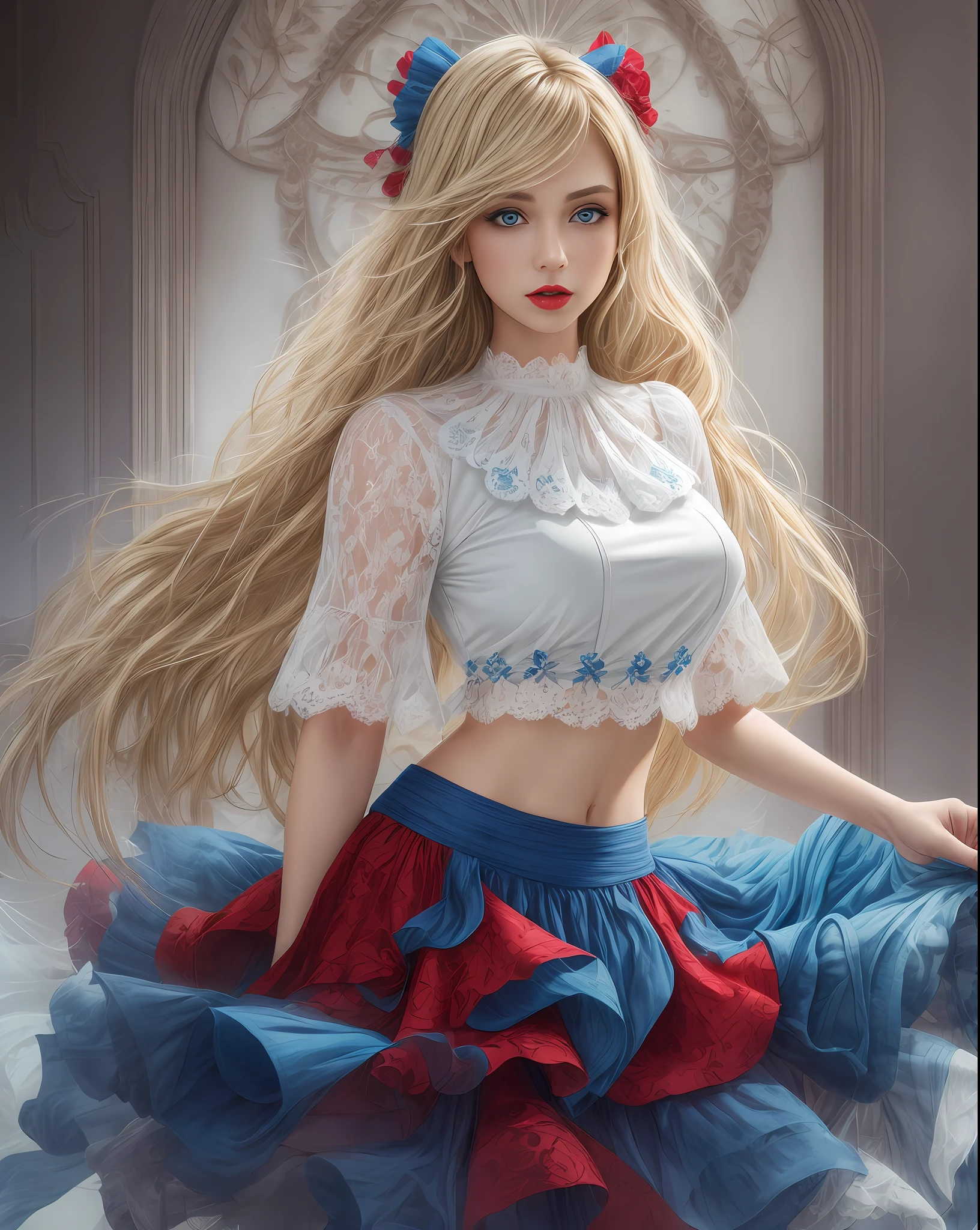 woman, straight blonde hair, blue ruffled lace top, red skirt, blue eyes, red lips, full body, white background --auto --s2