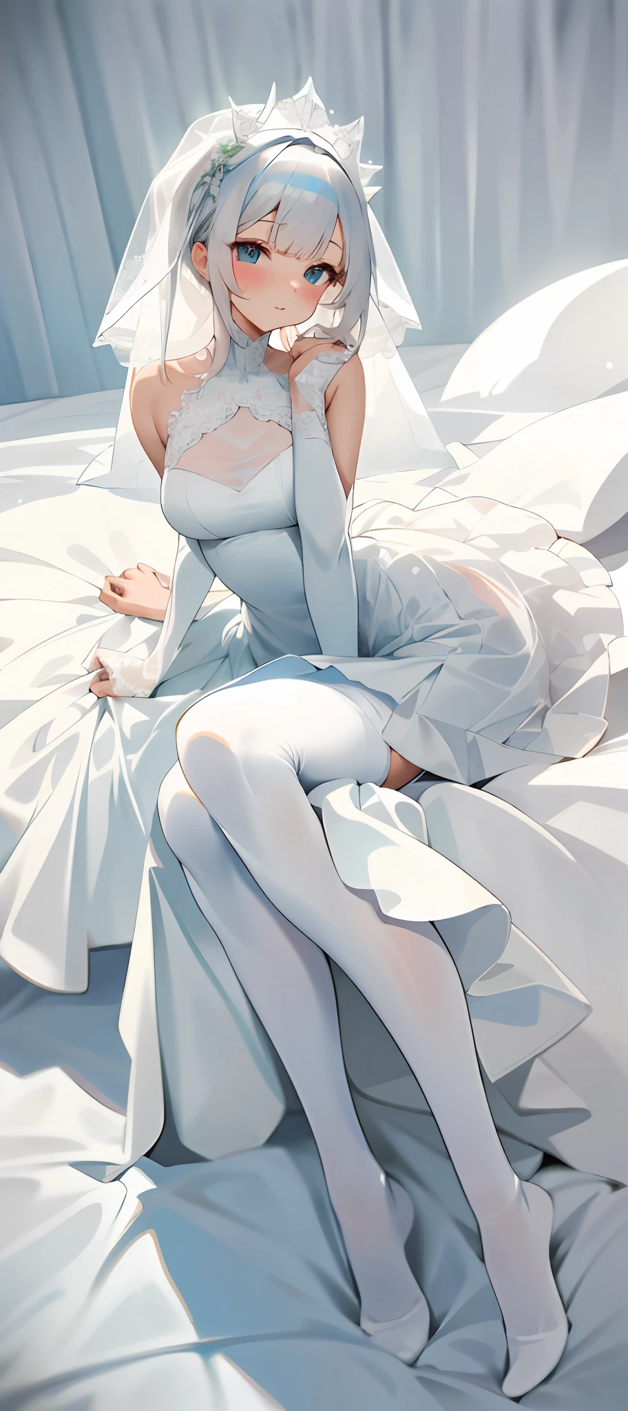 A woman in a white wedding dress poses for a photo, Angela White, thicc, White lace trim, 2263539546],White color hair， dressed in a beautiful white, 8K)), Wear a wedding dress loli，White color hair ，sakimichan, Anime comic style，white wedding gown, white stockings，，a white long skirt，Gauze skirt，Light skirt，Slim legs，Full body like，sexyposture，Seduction pose，vacuum，ssee-through，Get wet all over your body，Covered with mucus，spread their legs，Pure white wedding dress，Gorgeous wedding dress，Sexy wedding dress，