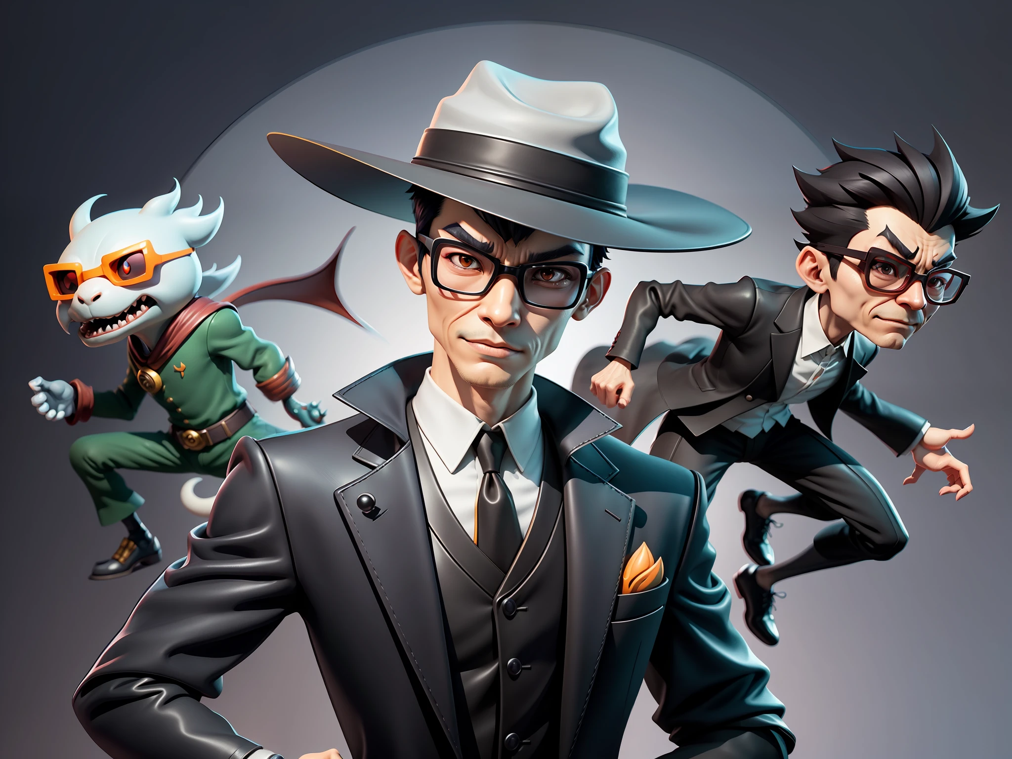 Young man with oriental face in leather hat, dragon, formal suit, short black hair, silver glasses, digital painting, 3D character design by Mark Clairedon and Pixar and Hayao Miyazaki and Akira Toriyama, the illustration is a high-definition illustration in 4K resolution with very detailed facial features and cartoon-style visuals.