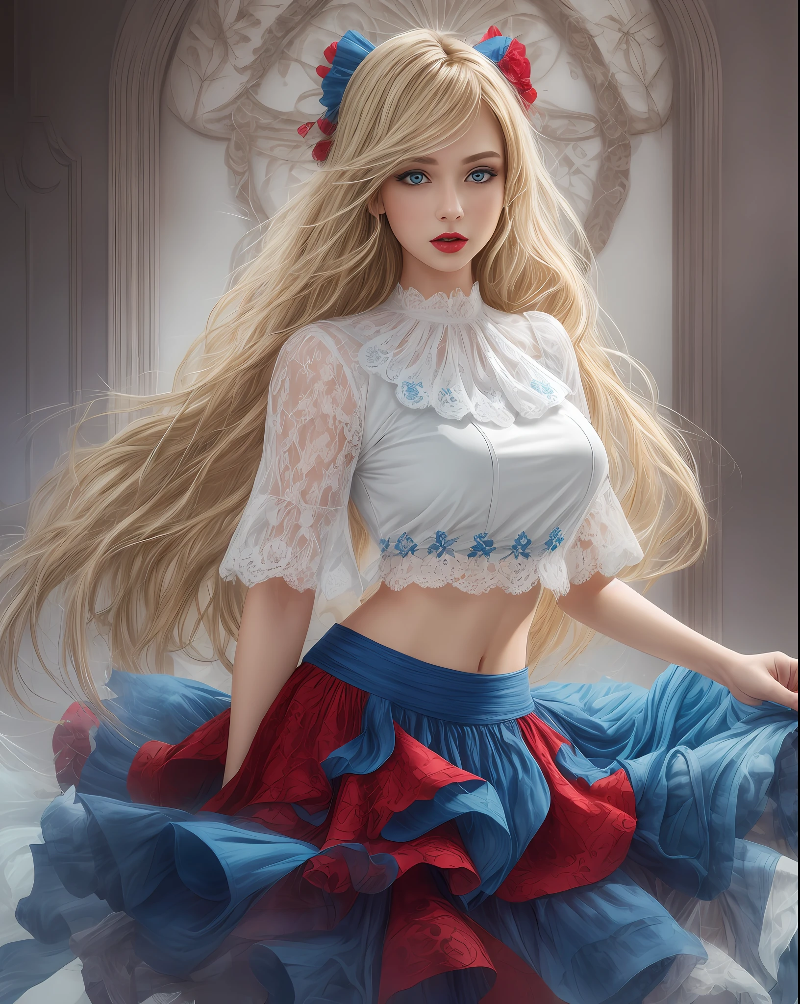woman, straight blonde hair, blue ruffled lace top, red skirt, blue eyes, red lips, full body, white background --auto --s2