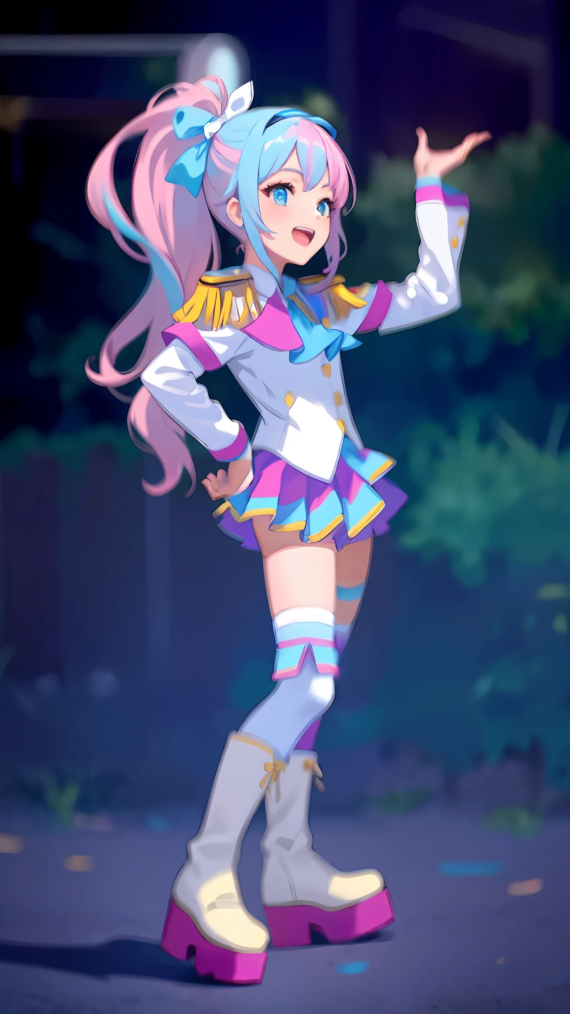 1girll, (Masterpiece:1.1), (Best quality:1.1), (White blouse:1.1),  Break [Blue:Pink:0.5] The subject, Cowboy shot, Pink hair，Single horsetail，White top，Pink epaulettes，Pink miniskirt，Yellow skirt，White boots，Pink over-the-knee socks，Delicate headgear，blue color eyes，Open your mouth slightly，cheerfulness，forest backgrou，Cinematic light