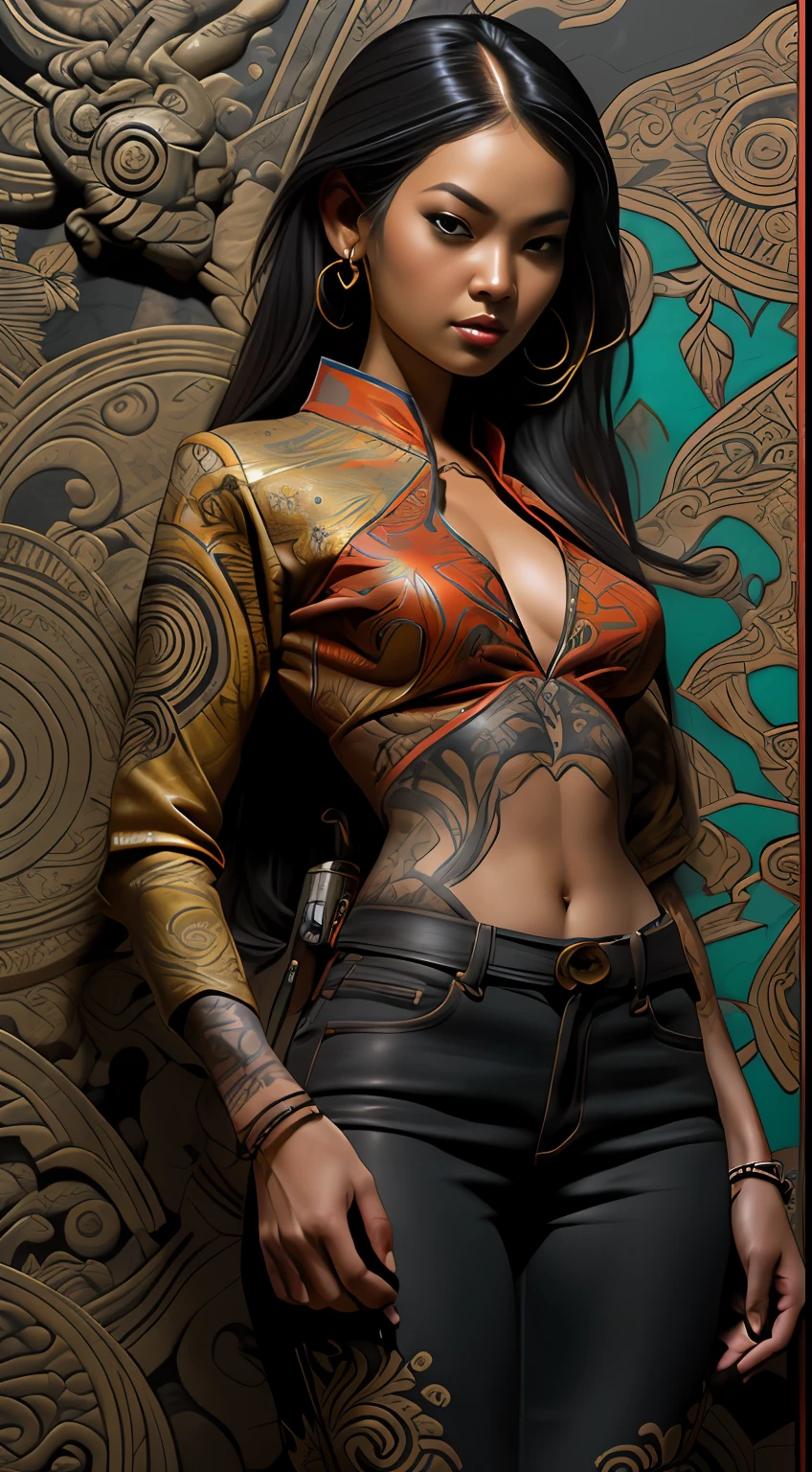 Textures: 1.5, gold: 1.1, white: 1.3, red: 1.3, (indonesian woman), sexy, tattoos, voluptuous, exotics, erotic, (power puffer clothes: 1.2), 3d graffitti, abstract, lines, (batik) , (balinese art), (balinese culture), background circles, by Adam Hughes, art by Jay Anacleto