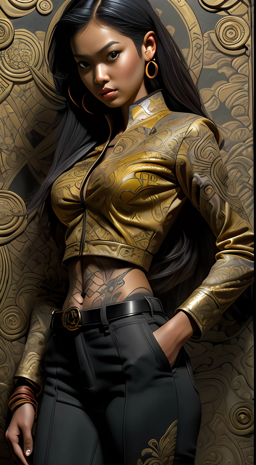 Textures: 1.5, gold: 1.1, white: 1.3, red: 1.3, (indonesian woman), sexy, tattoos, voluptuous, exotics, erotic, (power puffer clothes: 1.2), 3d graffitti, abstract, lines, (batik) , (balinese art), (balinese culture), background circles, by Adam Hughes, art by Jay Anacleto