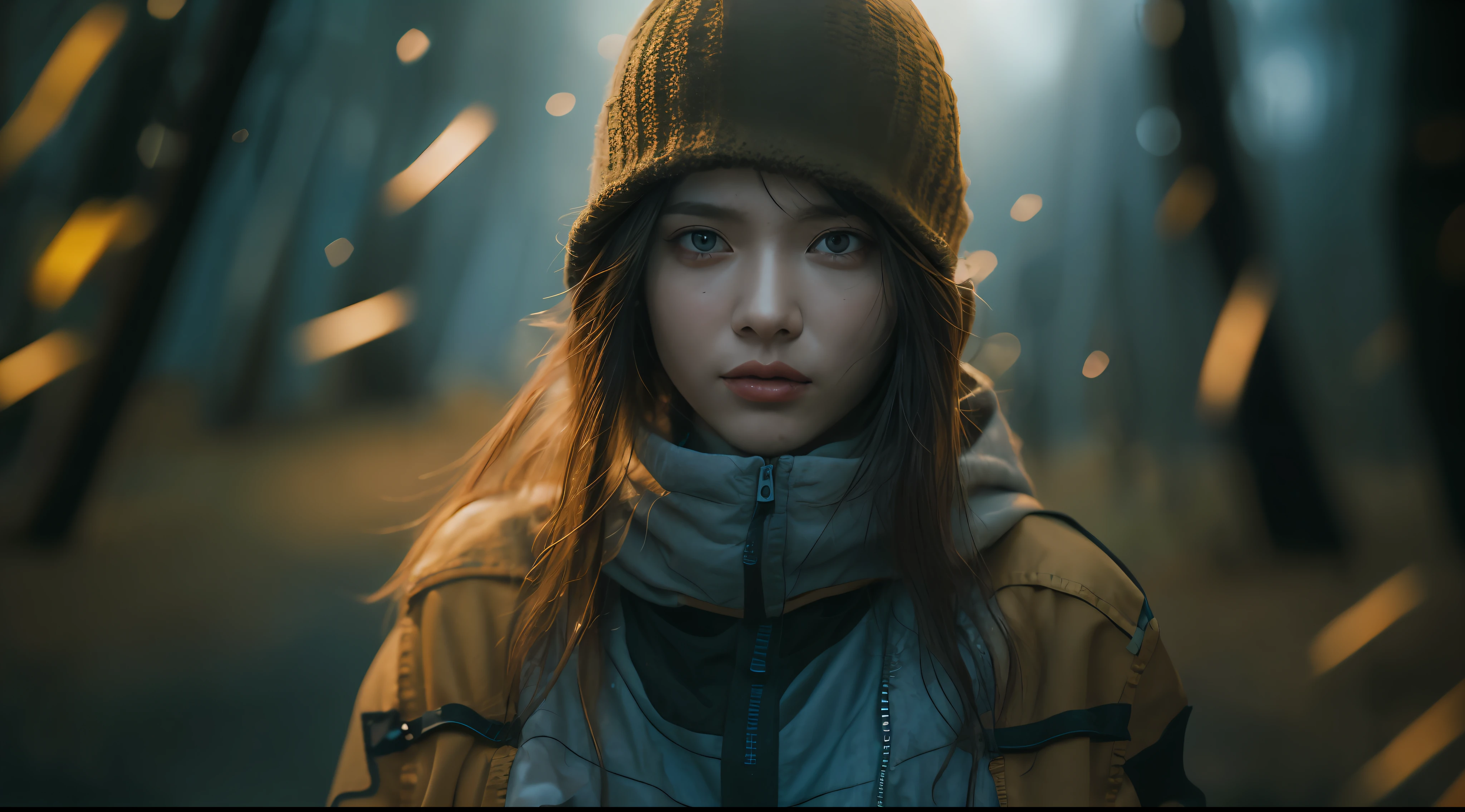 cinematic colorgrading film, dramatic scene, photography, RAW, Masterpiece, ultra wide angle, half-body, running on the burning forest, fire flies, fire overlay, burn film, wearing beanie hat, cyberpunk jacket,  dystopian, Ultra Fine Photo, medium breast, Best Quality, Ultra High Resolution, Photorealistic, volumetric light, Stunningly Beautiful, half body, Delicate Face, Vibrant Eyes, RAW photo, 1girl, solo, future tech, futuristic, (extremely detailed CG unity 8k wallpaper), of the most beautiful artwork in the world, professional photography, trending on ArtStation, trending on CGSociety, Intricate detail, High Detail, Sharp focus, dramatic, photorealistic, cyberpunk, futuristic, pale skin, slim body, (high detailed skin:1.2), 8k uhd, dslr, soft lighting, high quality, film grain, glossy, (Highest quality:1.3), (sharp focus:1.5), (photorealistic:1.3), (highly detailed skin), (detailed face), (high detailed skin:1.2), (glistening skin:1.2), (highly detailed skin textures:1.15), (detailed face), (high detailed skin:1.2), (glistening skin:1.15), (nights:1.2), fog, film grain, glossy