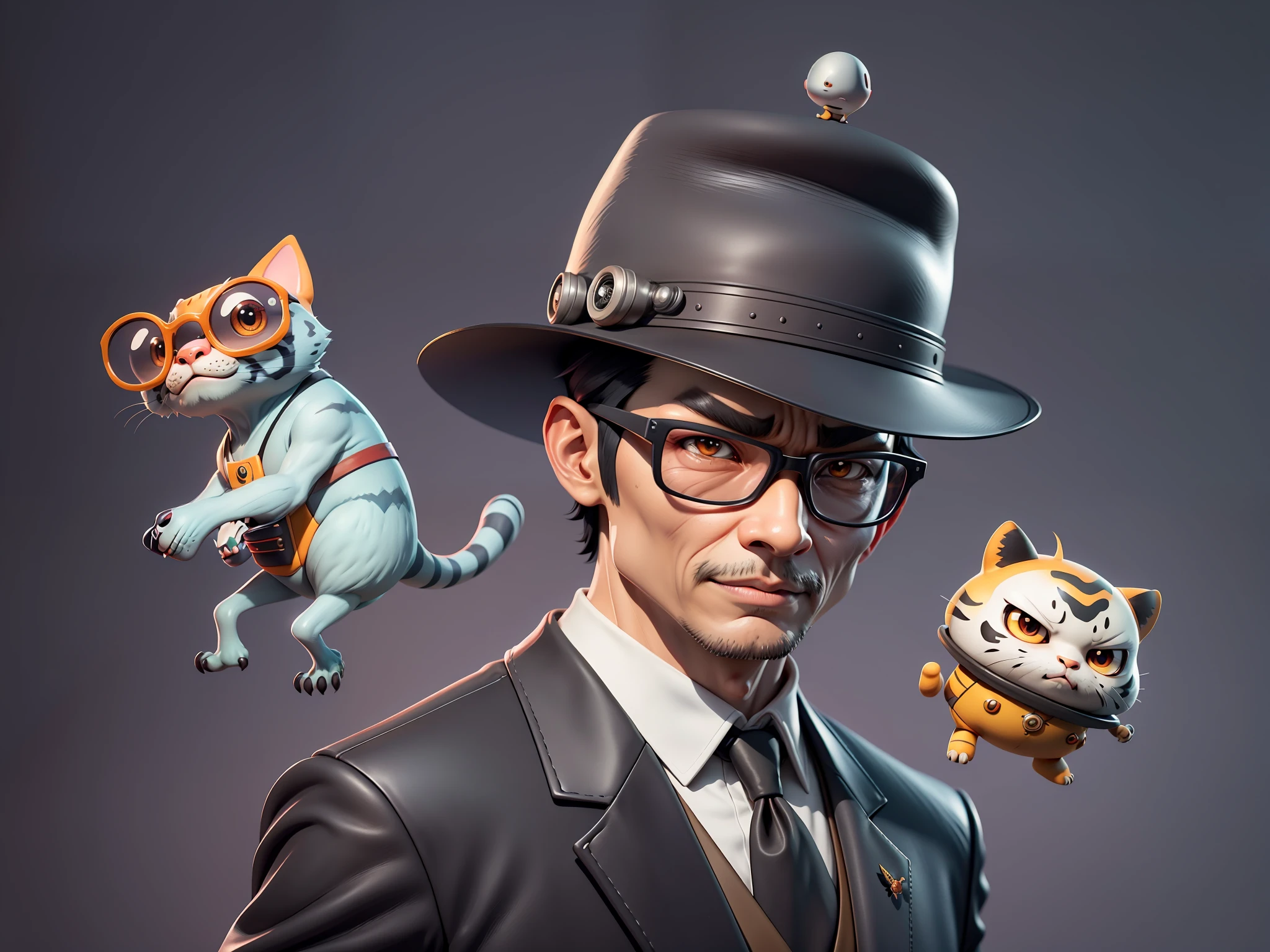 Young man with oriental face in leather hat, tiger, oriental face in formal suit, short black hair, silver glasses, digital painting, 3D character design by Mark Clairedon and Pixar and Hayao Miyazaki and Akira Toriyama, the illustration is a high-definition illustration in 4K resolution with very detailed facial features and cartoon-style visuals.