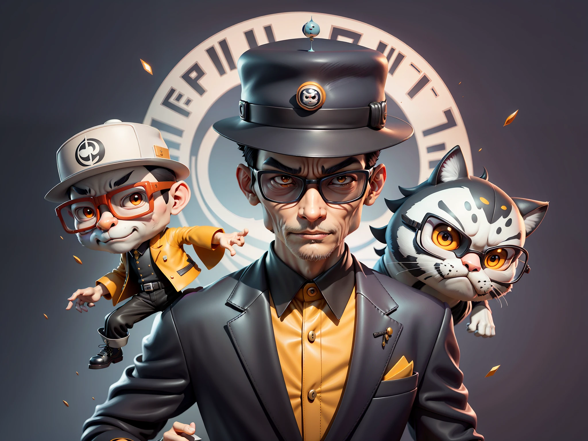 Young man with oriental face in leather hat, tiger, oriental face in formal suit, short black hair, silver glasses, digital painting, 3D character design by Mark Clairedon and Pixar and Hayao Miyazaki and Akira Toriyama, the illustration is a high-definition illustration in 4K resolution with very detailed facial features and cartoon-style visuals.