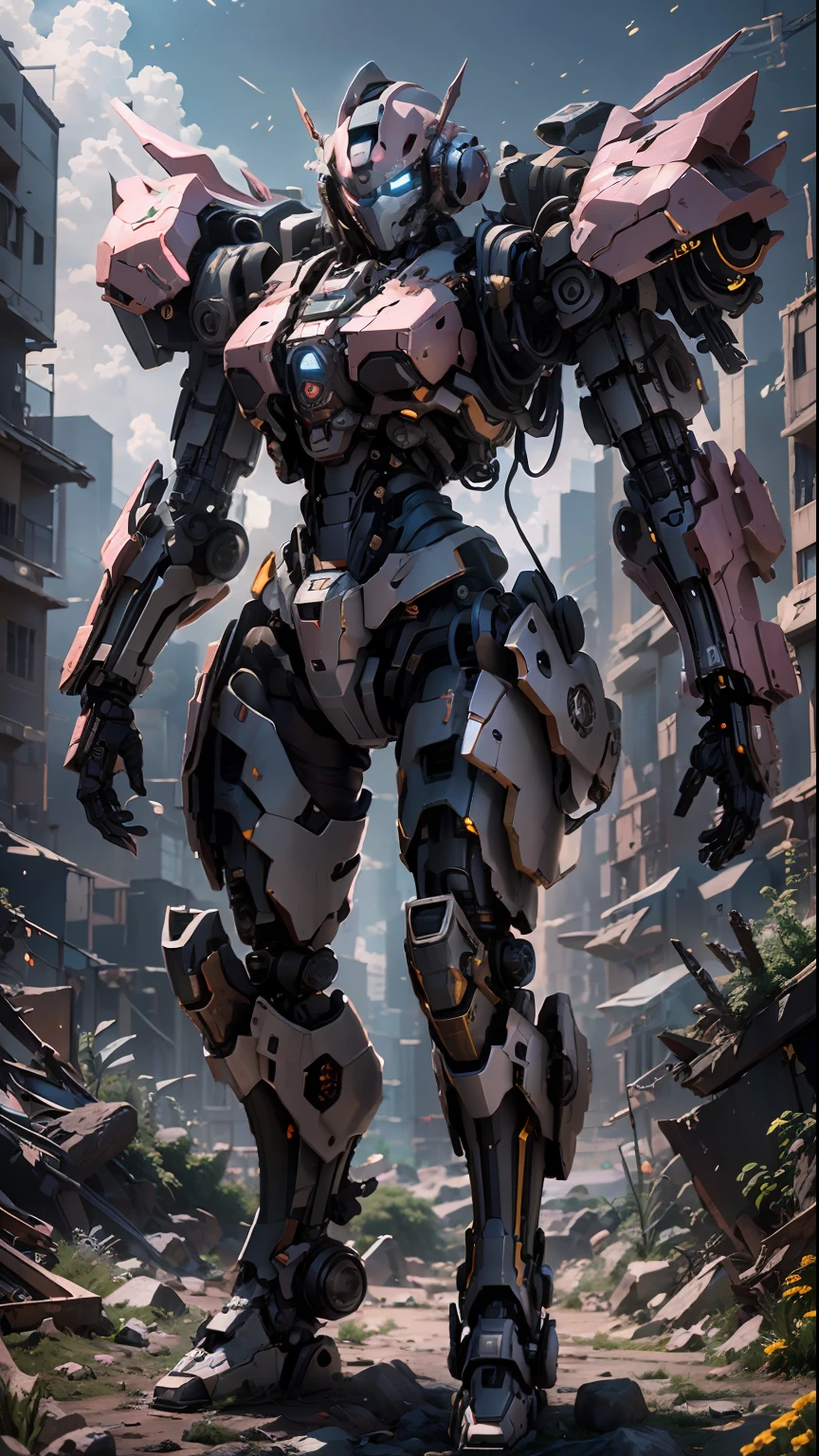 ((Best Quality)), ((Masterpiece)), (Very Detailed:1.3), 3D, Shitu-mecha, Beautiful cyberpunk woman with her pink mech in the ruins of a city in the forgotten war, Ancient technology, HDR (High Dynamic Range), ray tracing, NVIDIA RTX, super resolution, unreal 5, subsurface scattering, PBR texture, post-processing, anisotropic filtering, depth of field, maximum sharpness and sharpness, multi-layer texture, albedo and highlight maps, surface shading, Accurate simulation of light-material interactions, perfect proportions, octane rendering, duotone lighting, low ISO, white balance, rule of thirds, wide aperture, 8K RAW, efficient sub-pixels, subpixel convolution, luminescent particles, light scattering, Tyndall effect