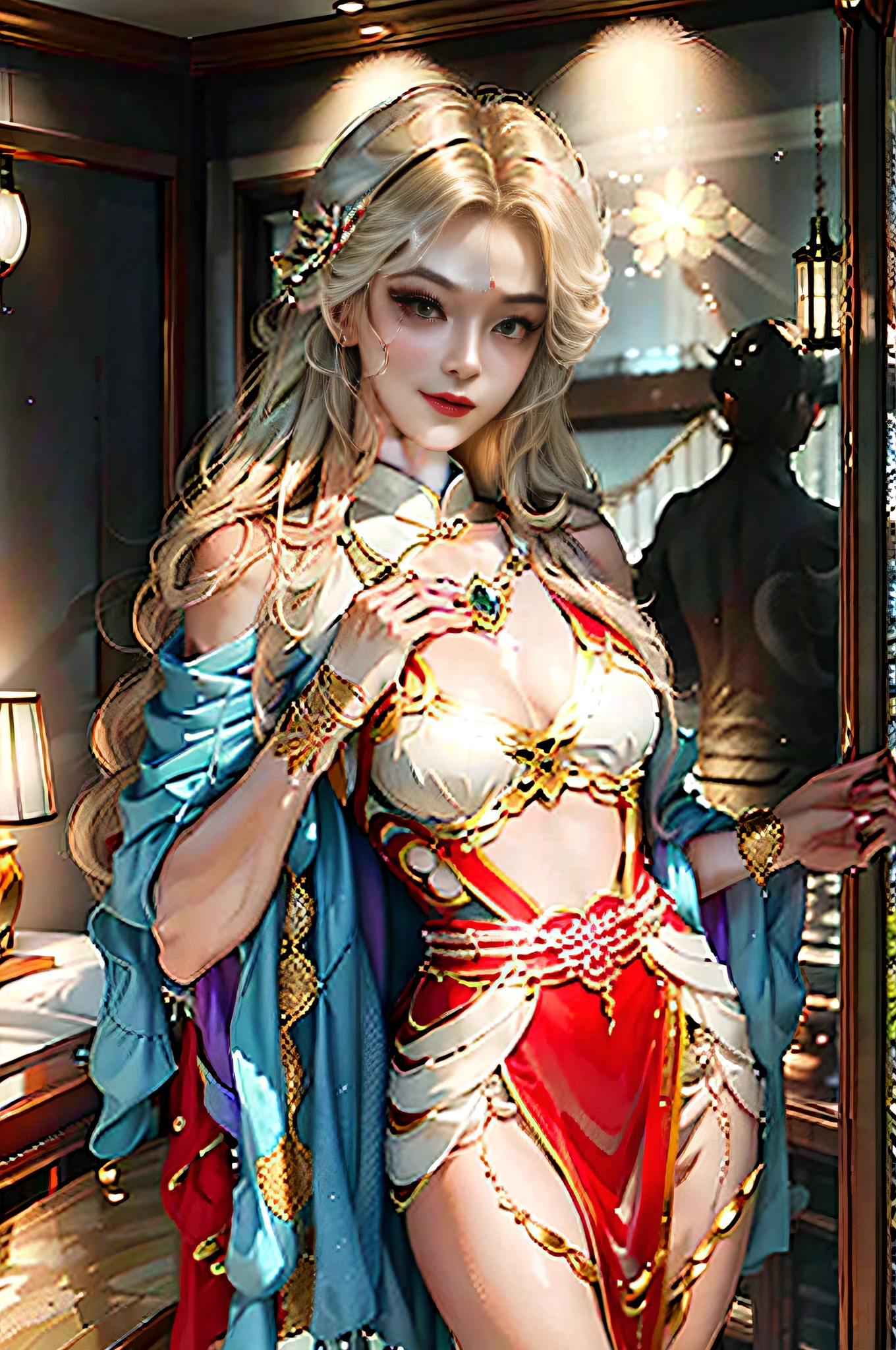 (top Quority,8K,tmasterpiece:1.3),Pretty Women with Perfect Figure:1.4,the hair,The large,Wear a pendant,Torn shorts,in a bedroom,Very detailed face and skin,Detailed eyes,二重まぶた,duet,Wear a cheongsam,Long legs,Big chest,ssmile, slim, Bigchest, cleavage, full bodyesbian,Fine fine skin,tack sharp focus,adolable