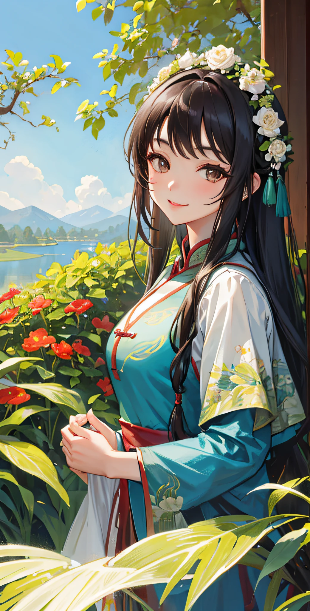 Garden as background,Portrait,Upper body,Chinese costumes,Black hair,Long gray hair,Brown eyes,standing,Smile,view the viewer,1girll,Eight Lakes