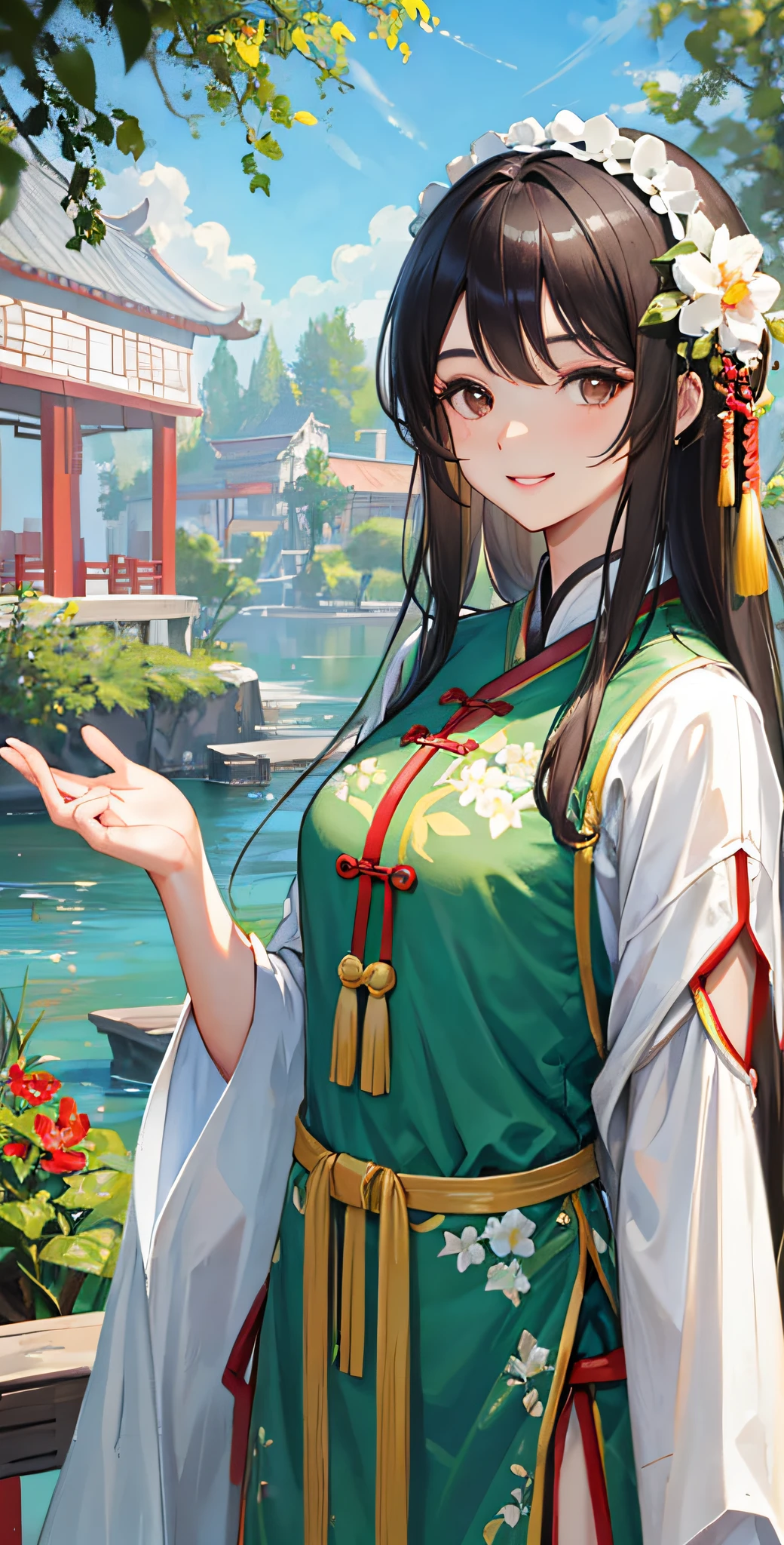 Garden as background,Portrait,Upper body,Chinese costumes,Black hair,Long gray hair,Brown eyes,standing,Smile,view the viewer,1girll,Eight Lakes